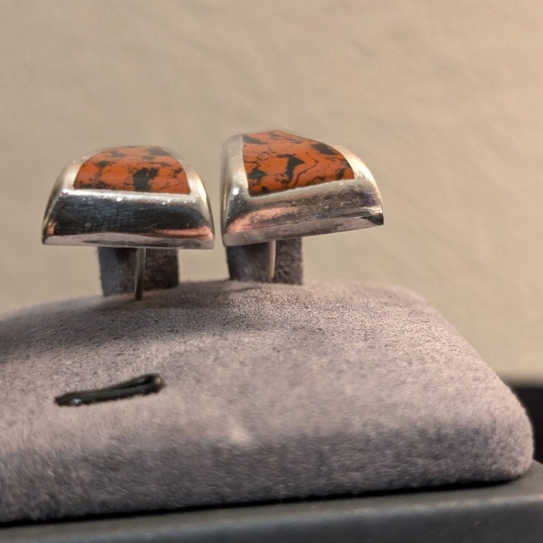 Vtg Stamped Taxco Mexico 925 Sterling Chunky Mahogany Obsidian Post Earrings