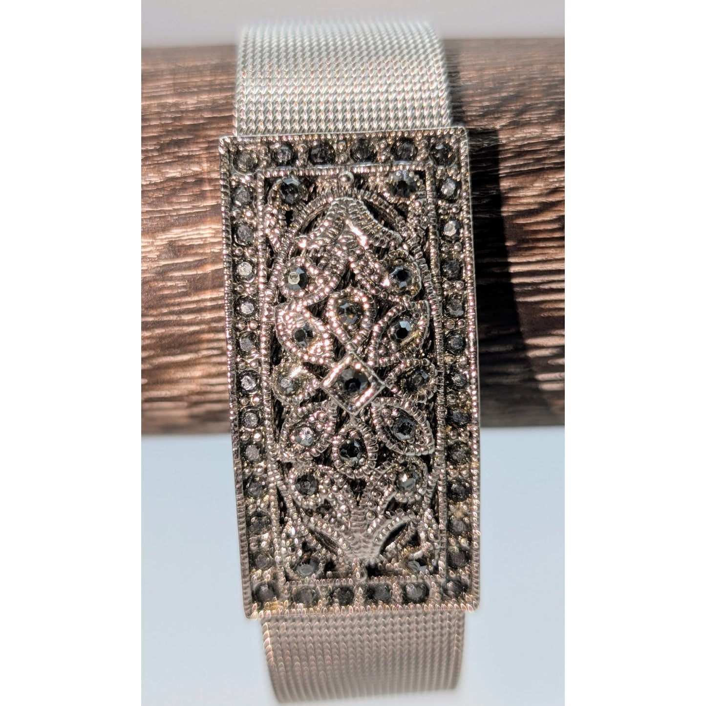 Marcasite Center Piece Silvertone Mesh Buckle Band Designer Style Bracelet