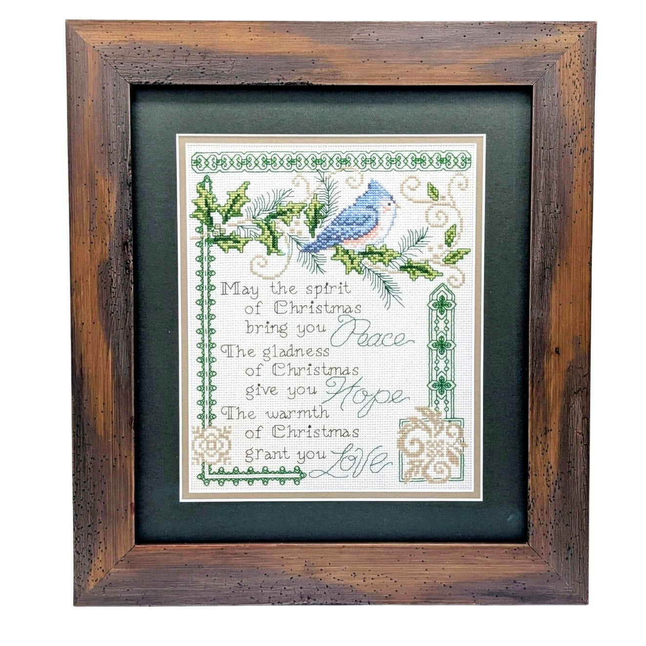 Wood Framed Under Glass Green Mat Blue Bird Christmas Prayer Cross Stitch