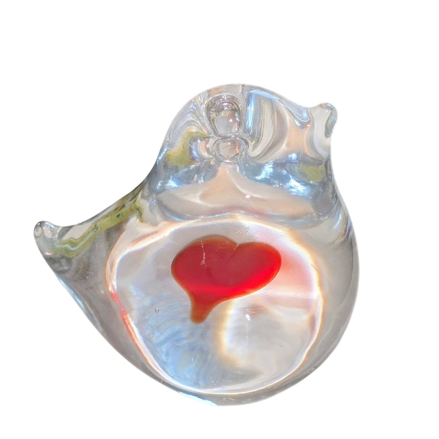 Made in Sweden Clear Art Glass Bird W/ Red Heart Paperweight Figurine