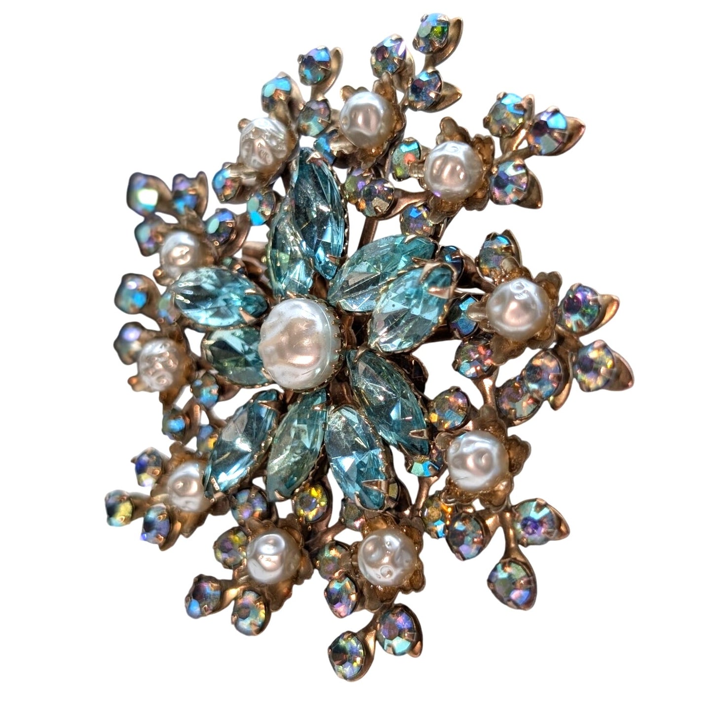 Gorgeous VTG Aqua Marquis Cut Rhinestone Faux Pearl AB Rhinestone Flower Brooch