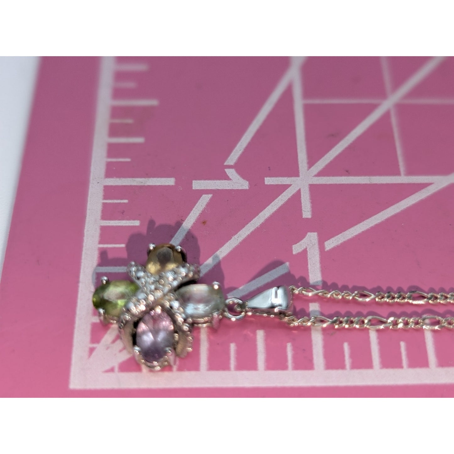 Vintage 925 Sterling Silver 4 Oval Gemstone & Diamond Figaro Chain Necklace