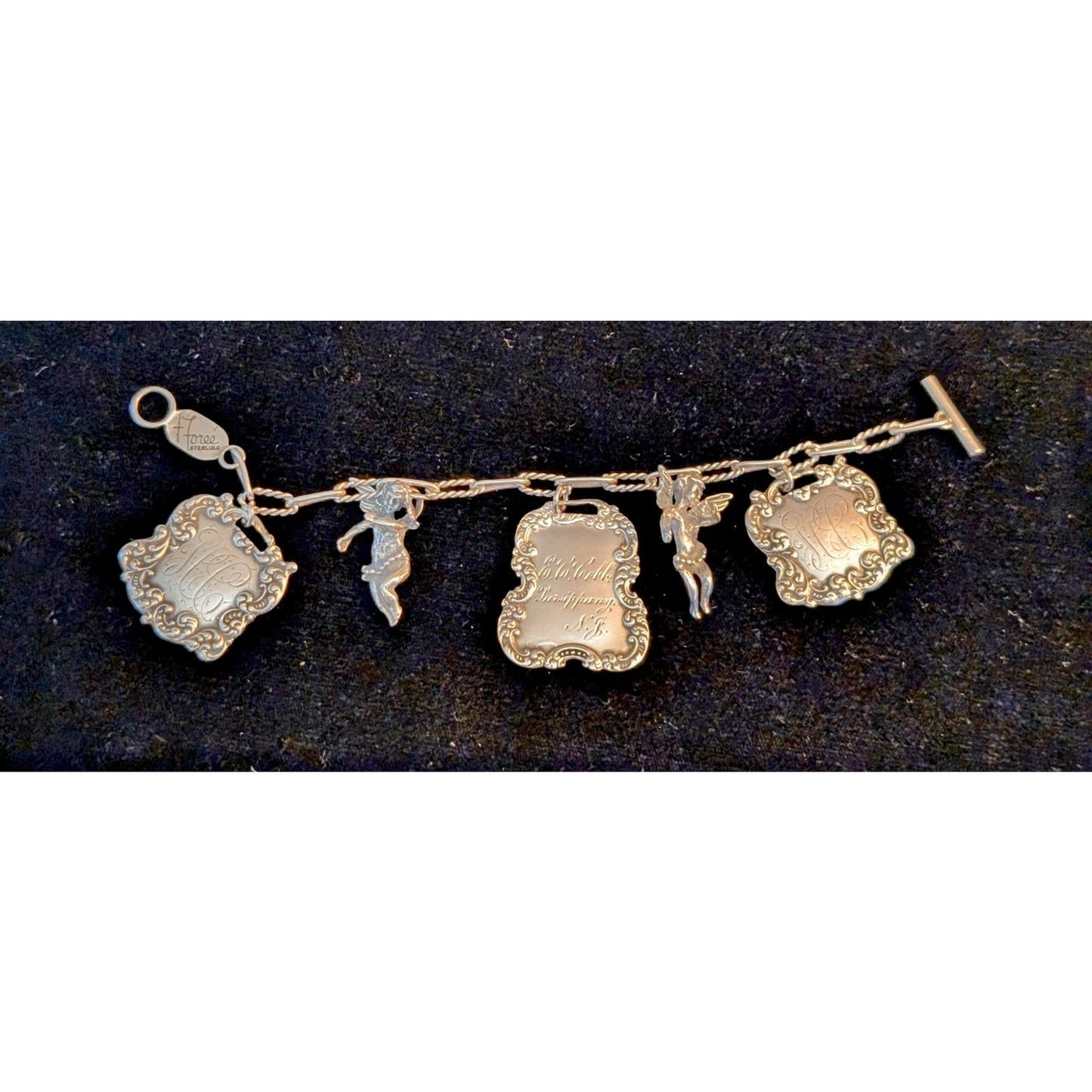 VTG T Foree Hunsicker Sterling Silver Engraved Luggage Tag Cherub Charm Bracelet