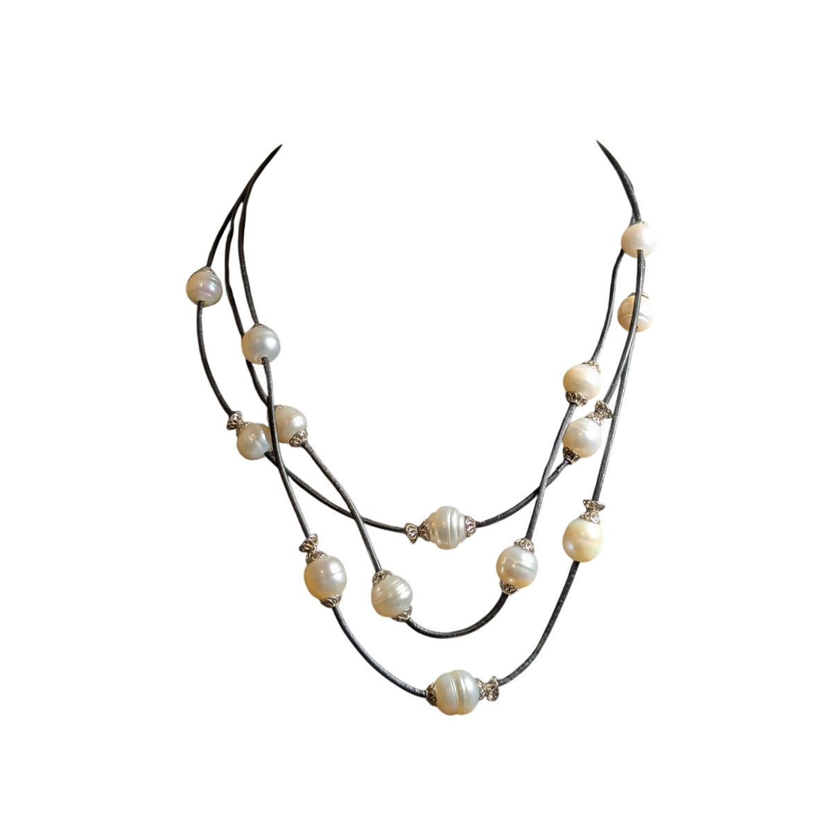 925 Sterling Three Strand Floating Genuine Freshwater Pearl Corded Necklace
