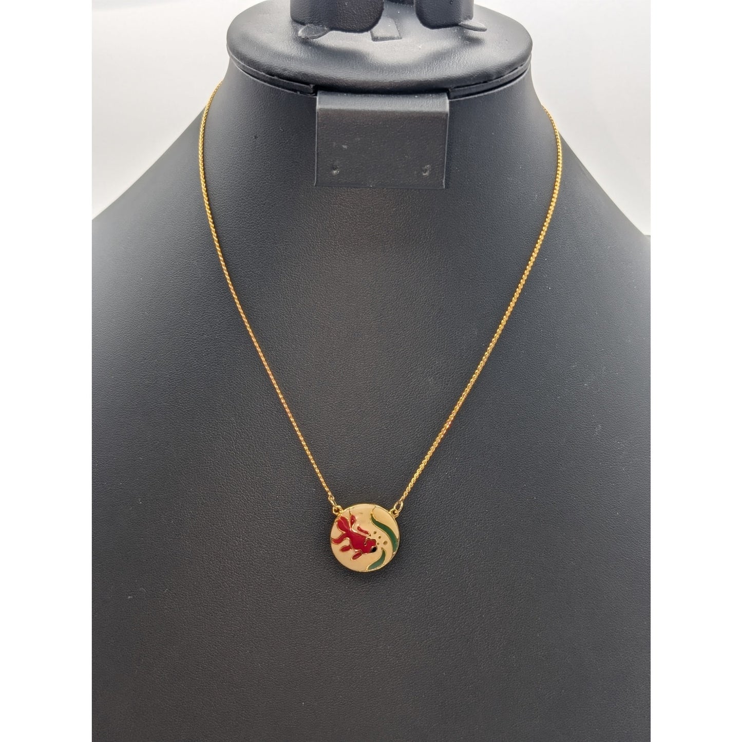 Vtg Made in Thailand 17.25" Gold Tone Enamel Cloisonne Red Fish Pendant Necklace