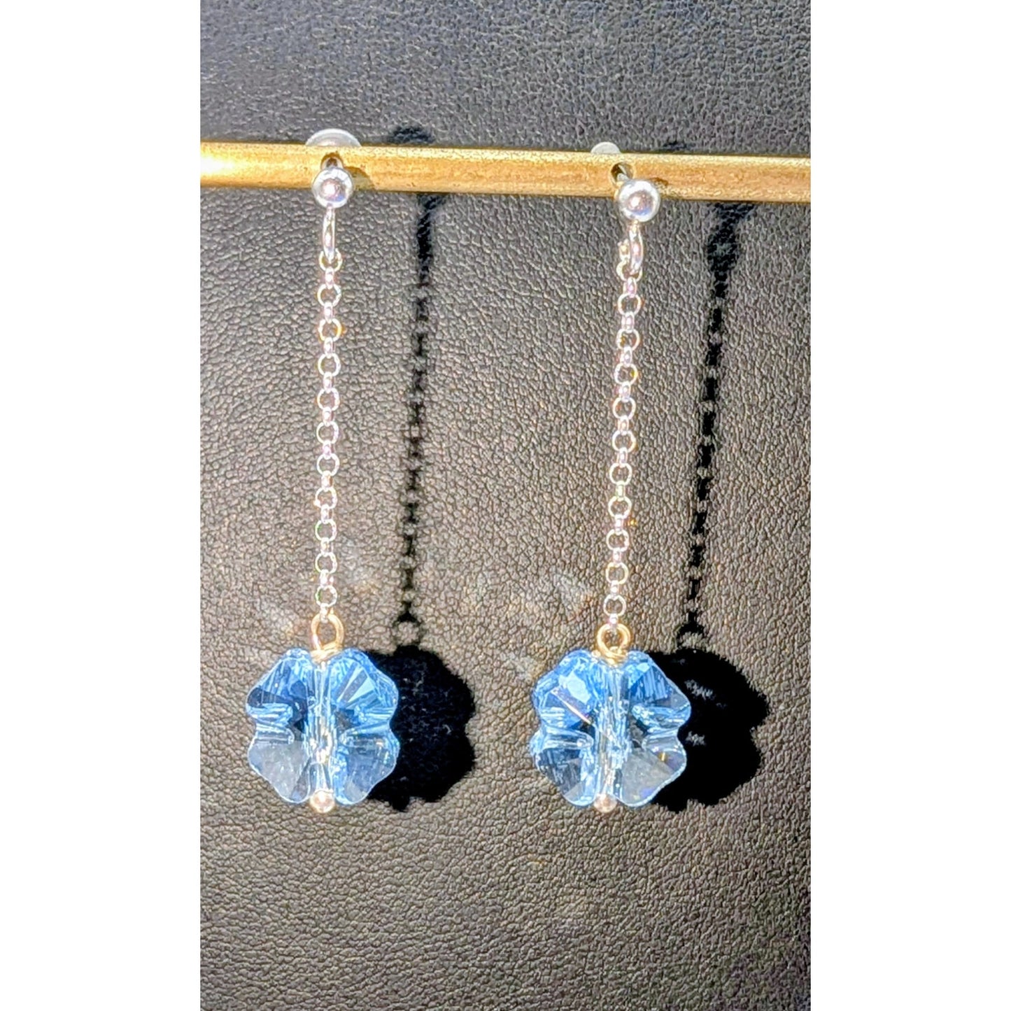 925 Sterling Silver Chain Drop Blue Crystal Flower Dangle Post Pierced Earrings