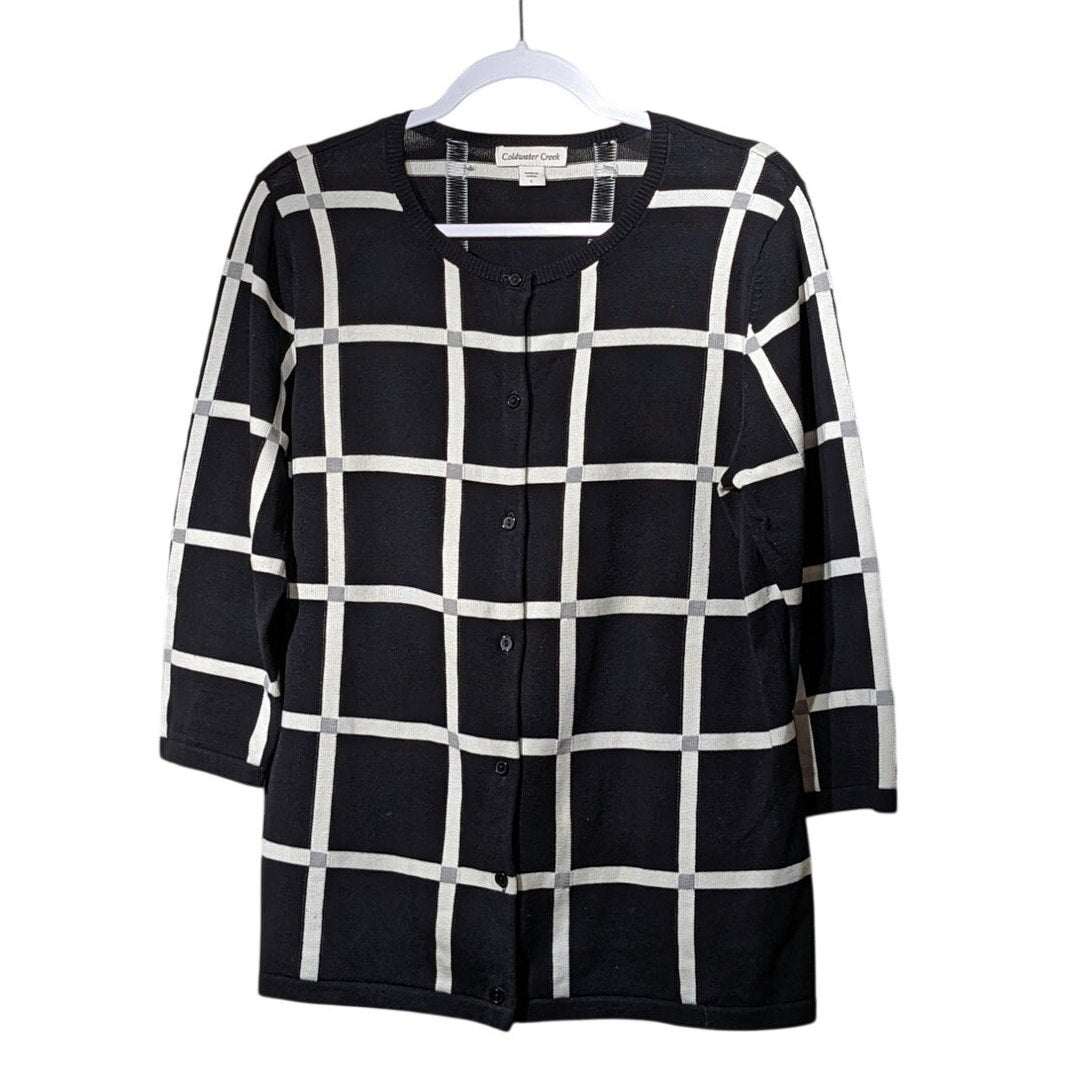 Coldwater Creek Black Cream Gray Plaid 3/4 Length Sleeve Cardigan Womens Sz L