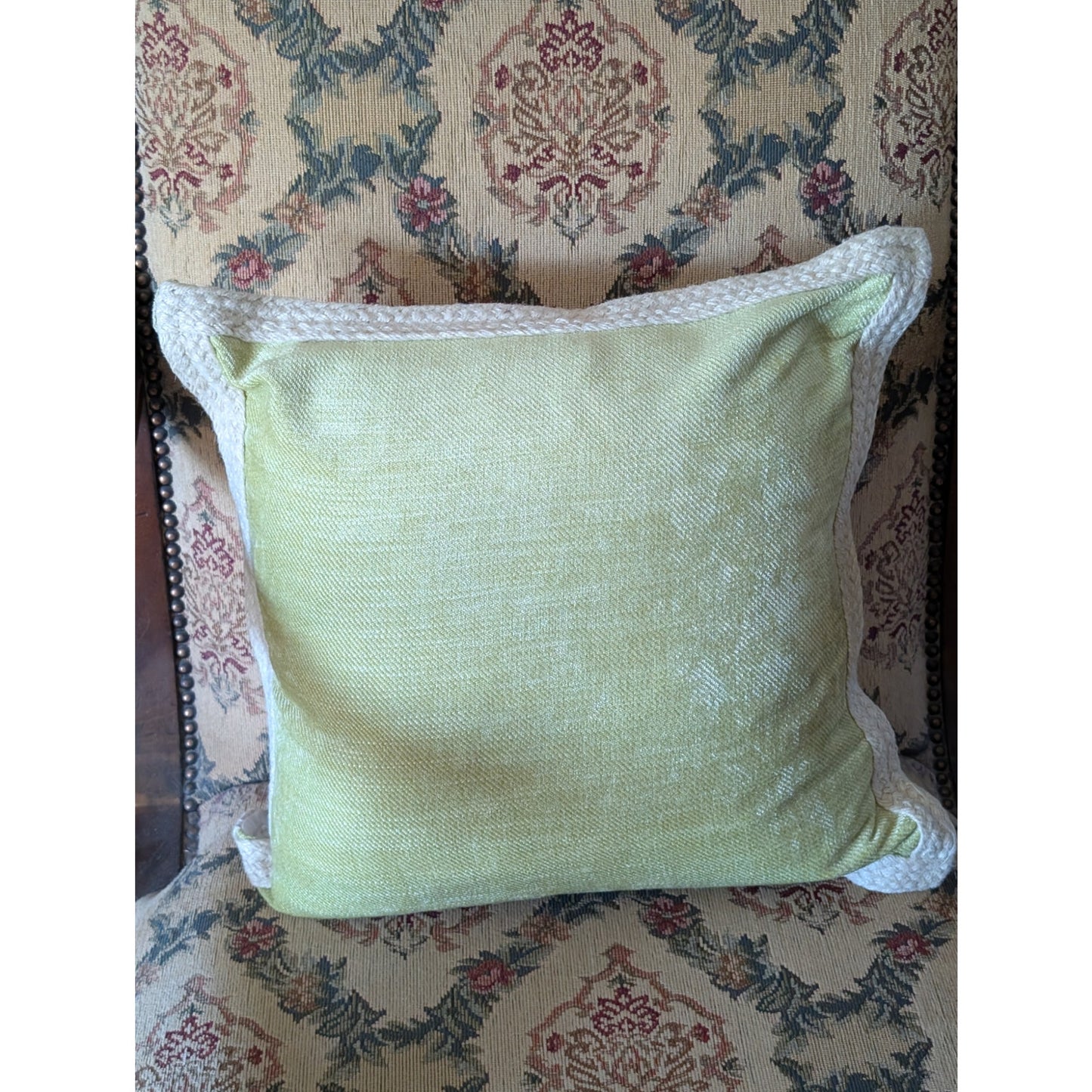 Green Chenille Jute Braided Trim Linen Look Zippered Back Feather Fill Pillow