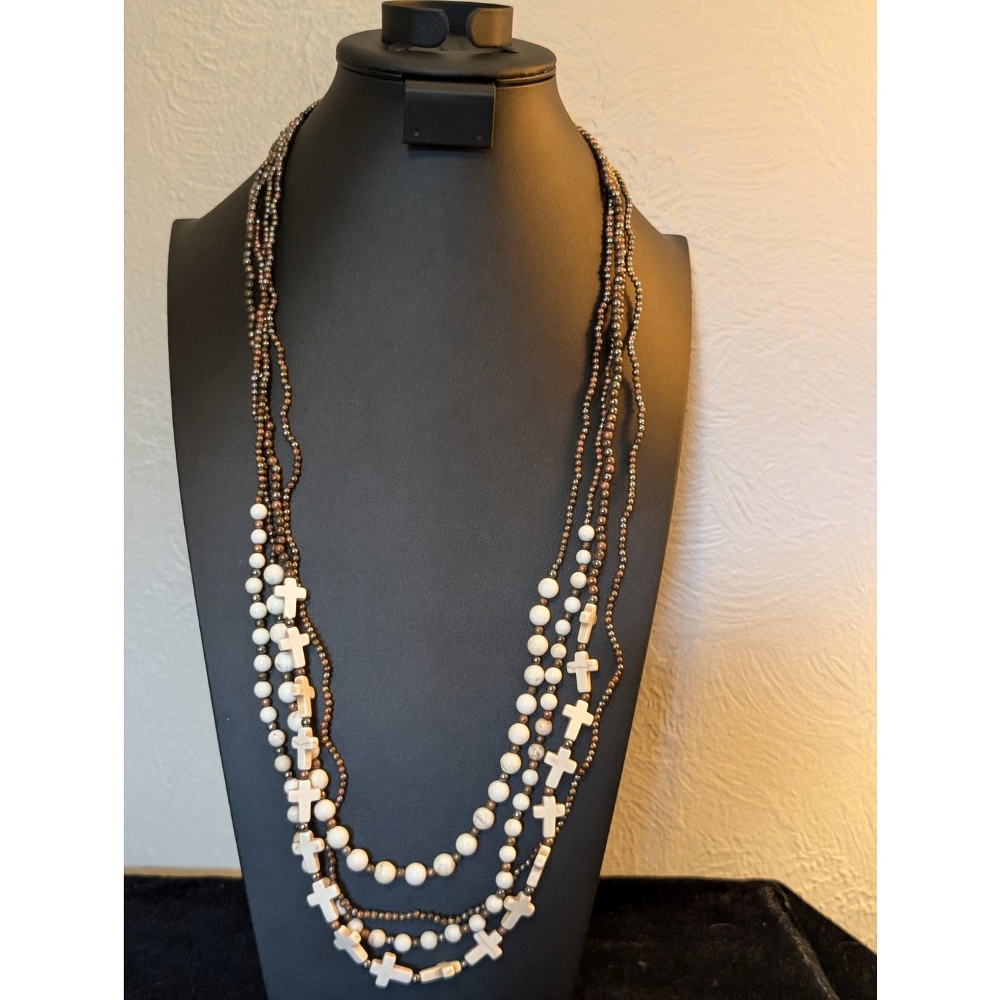 Long Boho Four-Strand Creamy Stone Cross & Bead Necklace