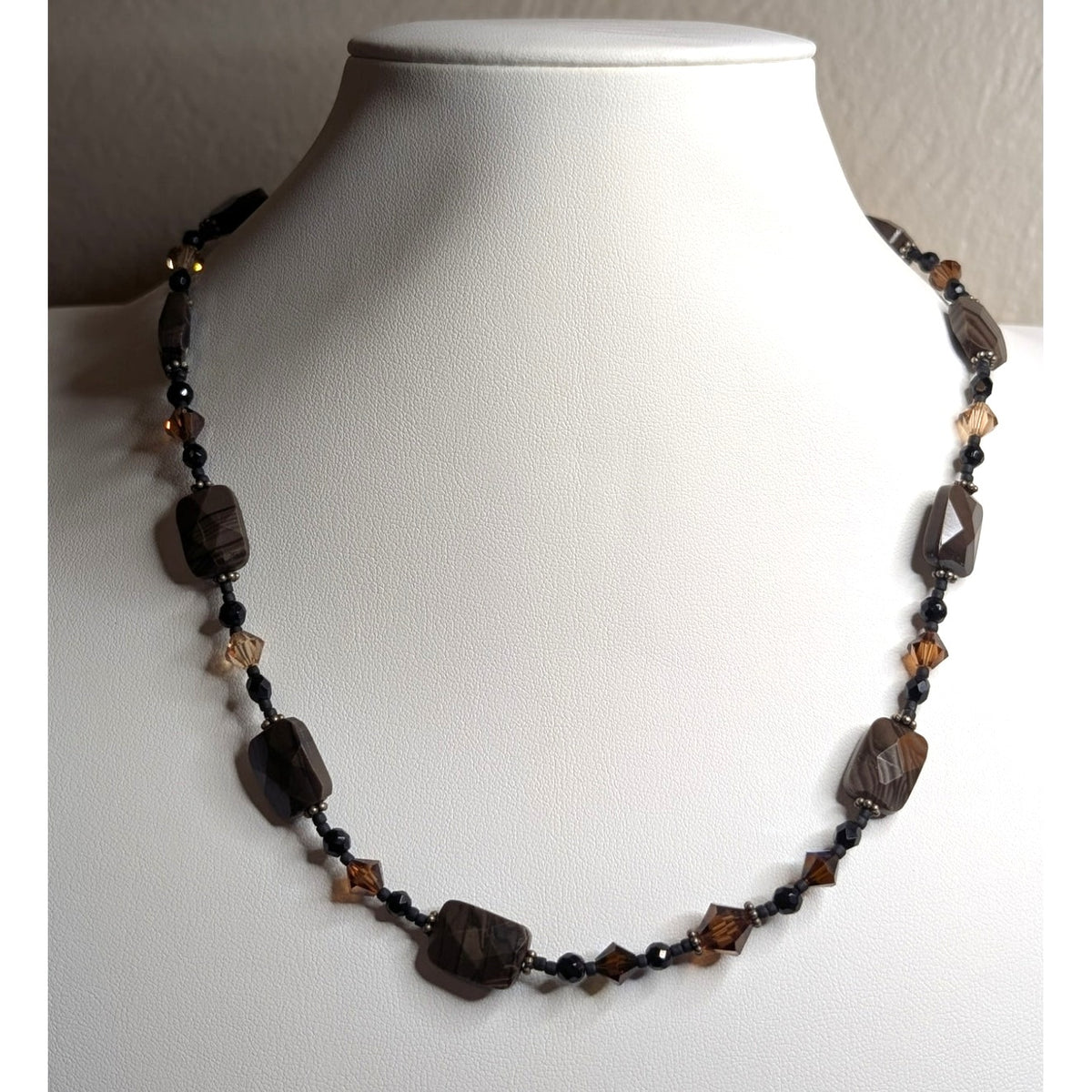 Black & Brown Crystal & Agate Stone Beaded 18" Necklace with Swirl Hook Clasp