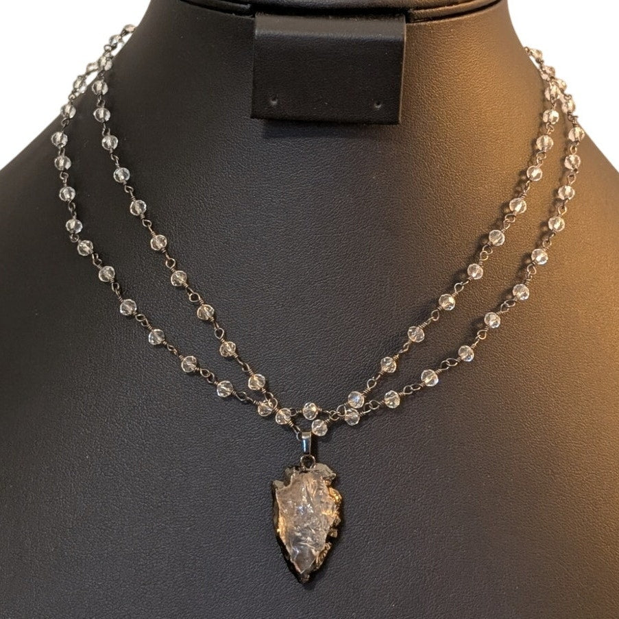 Two Strand Crystal Chain W/ Clear Quartz Arrowhead Pendant 16.5" Necklace