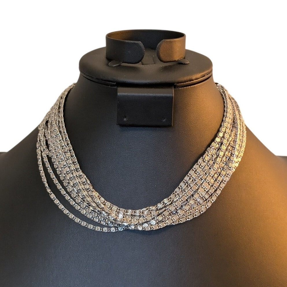 Vintage 15-Strand Silver Tone Chain Choker Necklace w/ Hook Clasp