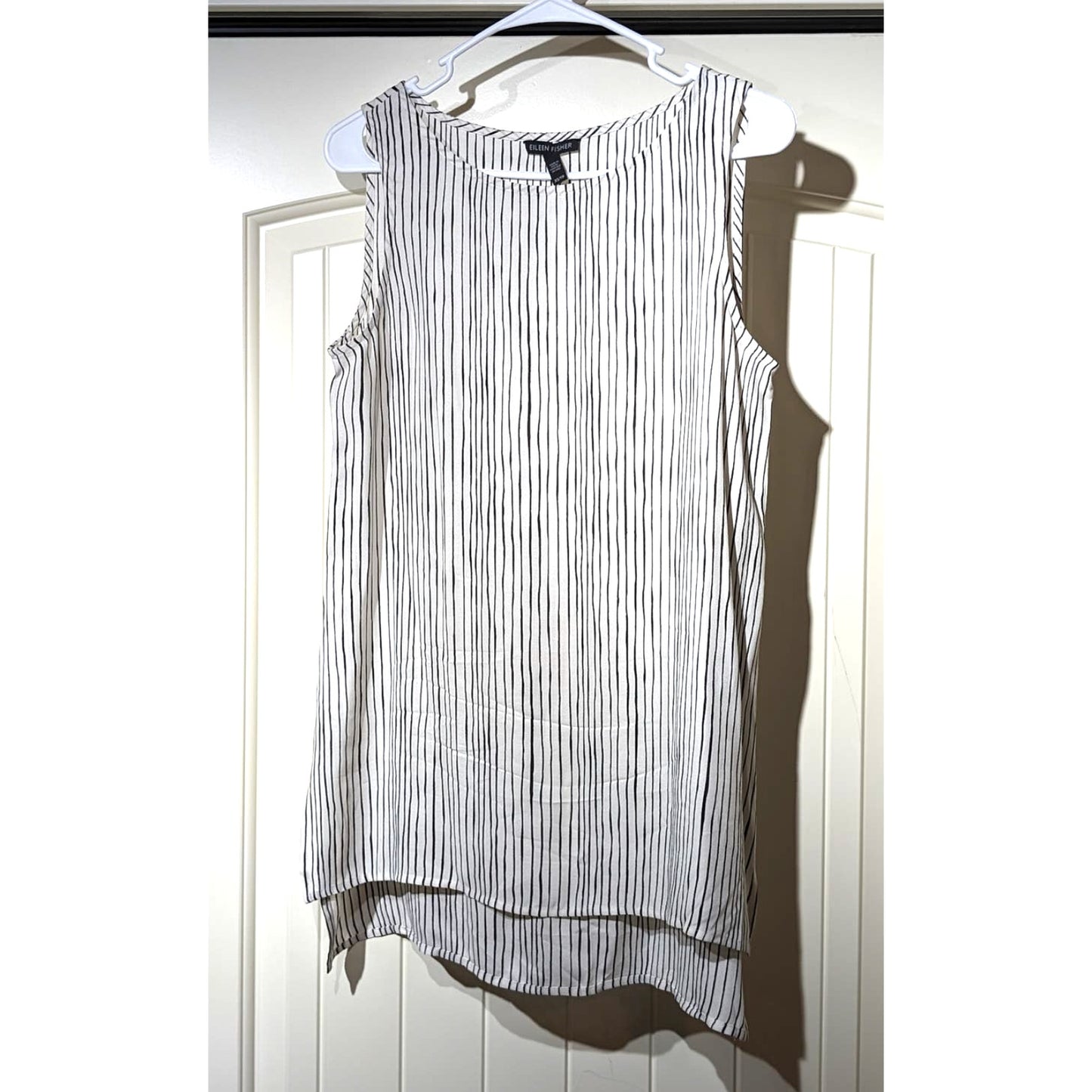 Eileen Fisher Linear Printed Silk Bateau Neck Long Shell Bone/Black Womens Sz XS