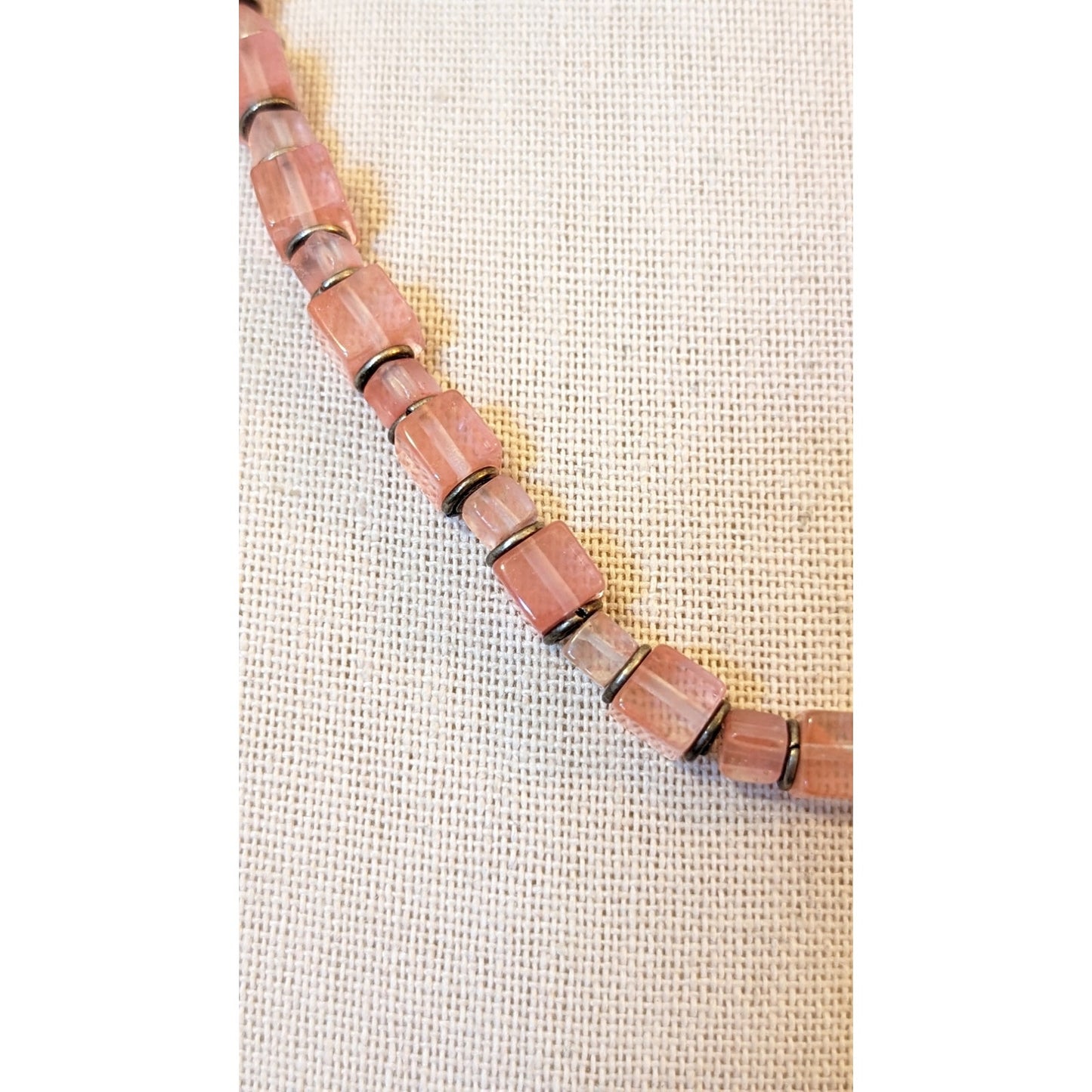 Vintage Pink Square Glass Bead Sterling Silver 17" Necklace