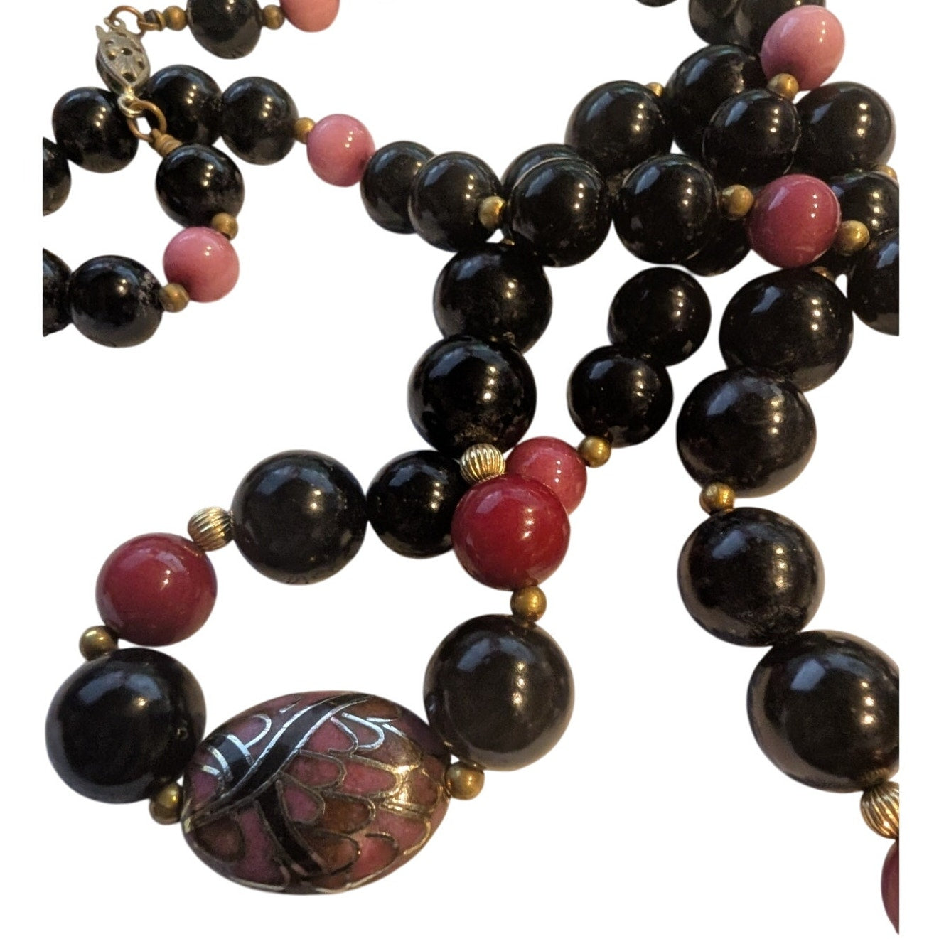 Vintage Black Burgundy Rose Stone Gold Tone Cloisonne Graduated Bead Necklace
