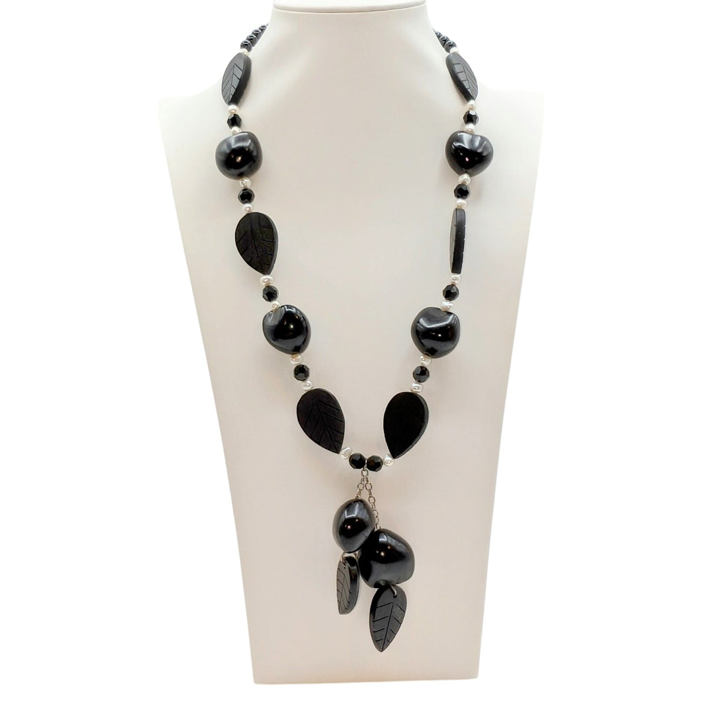 925 Sterling Pearl Black Carved Wood Leaf Tagua Nut Dangle Tassel Necklace