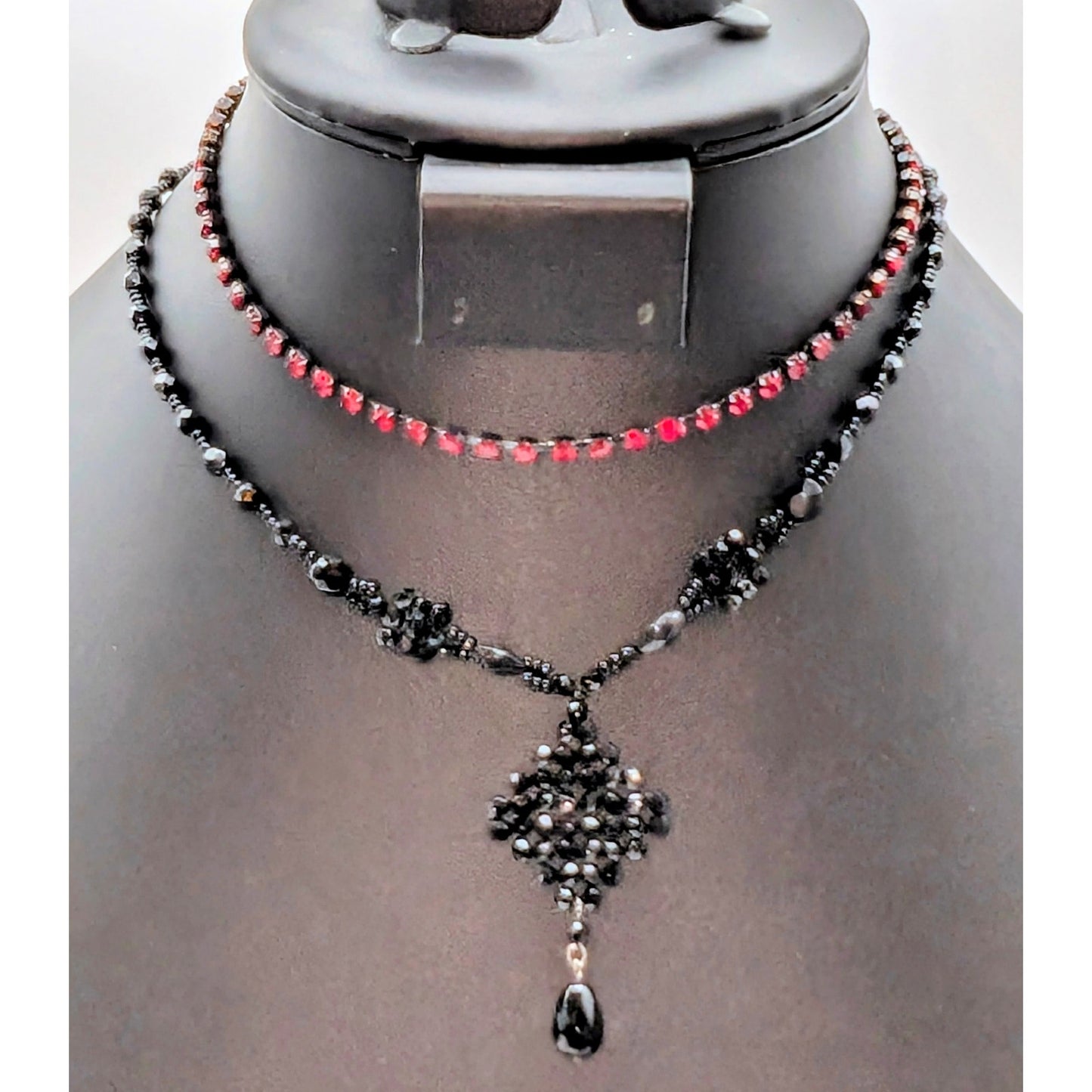 Vintage Lot of Two Black Crystal & Red Rhinestone Necklaces