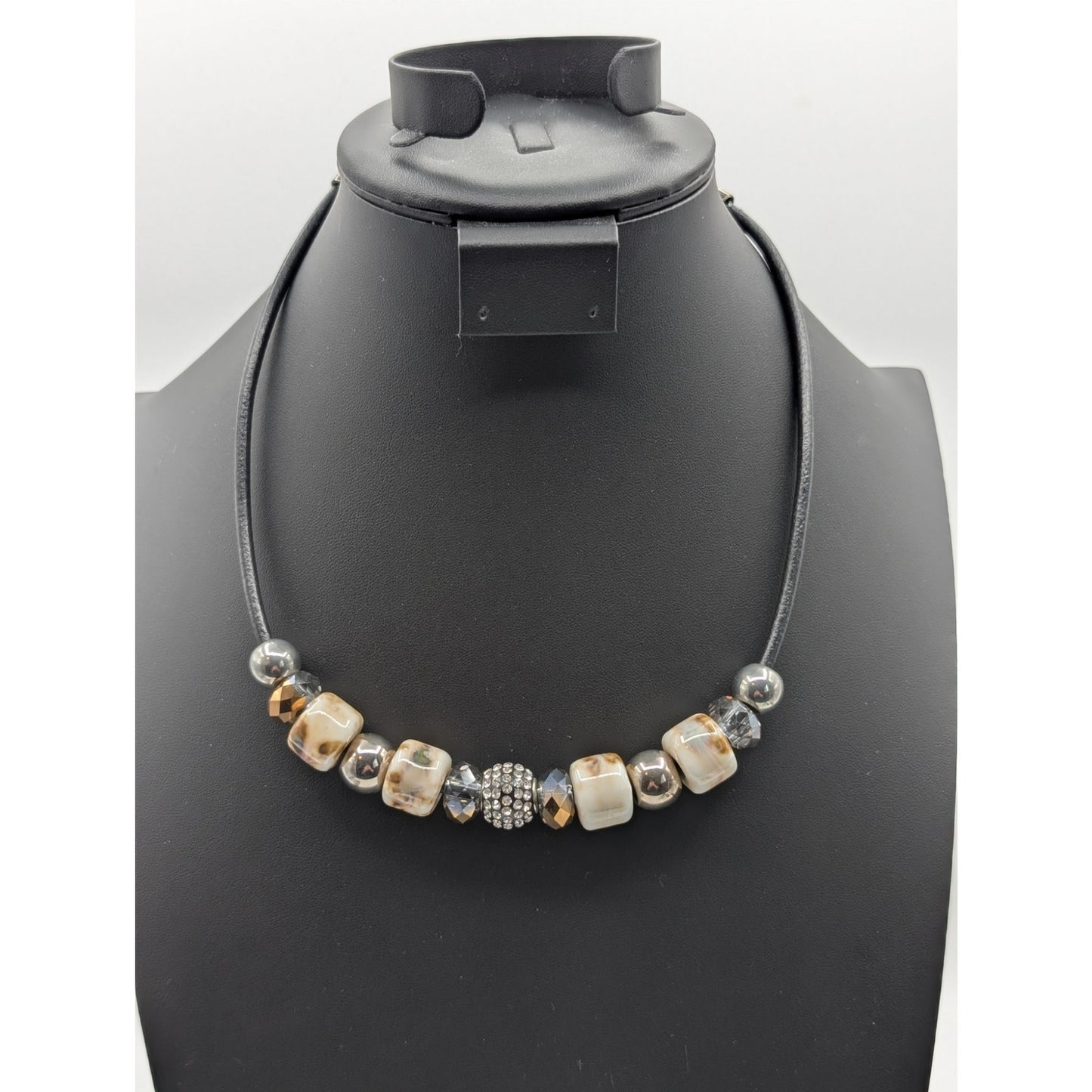 Modern Tribal Leather Cord Glass Metal Crystal Rhinestone Ball Bead Necklace