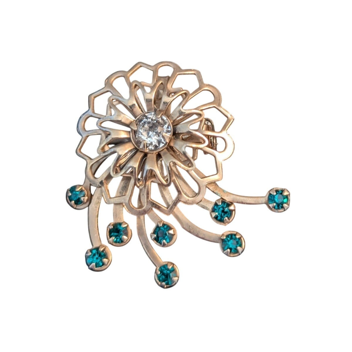 Vtg Gold Tone Blue/Clear Rhinestone Art Deco 1950s Flower Spray Brooch/Pendant