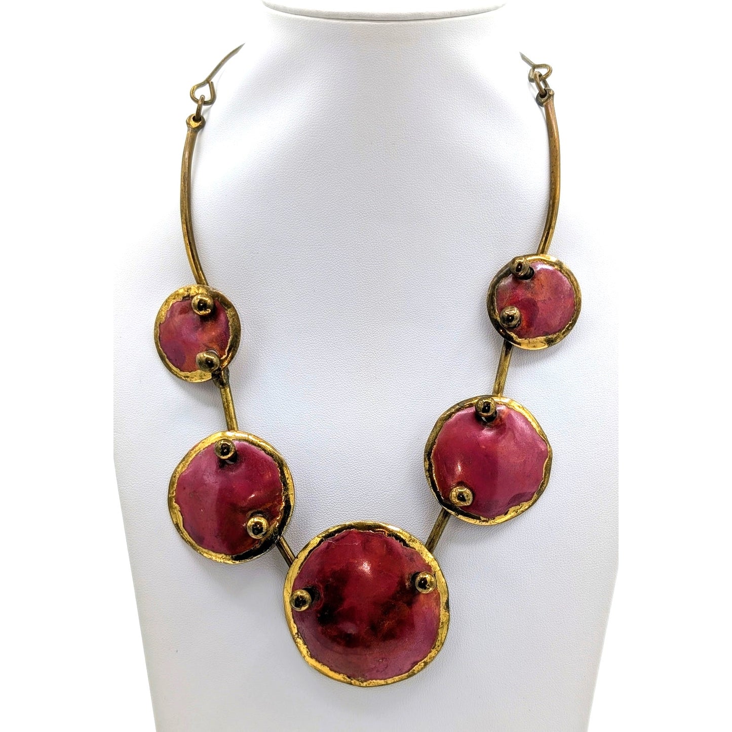 Vintage Modernist Brutalist Red Enamel Brass Disk Artisan Handmade 20" Necklace
