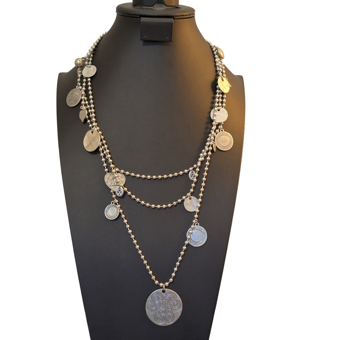 Silver Tone Bead Ball Chain W/ Medallian Charm Dangles & Lobster Claw Clasp