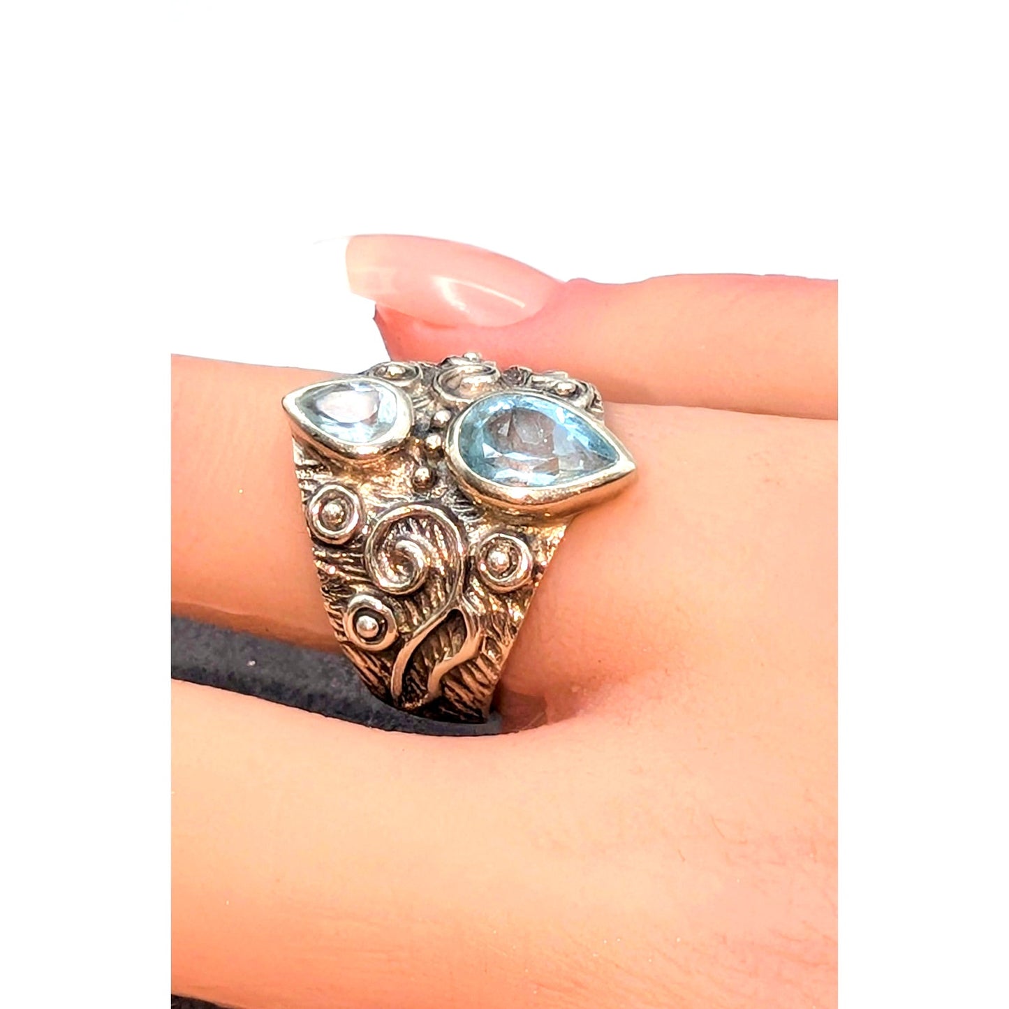 Two Blue Topaz Teardrop 925 Sterling Silver Swirl Ring W/ Bali Vibes Size 8.75