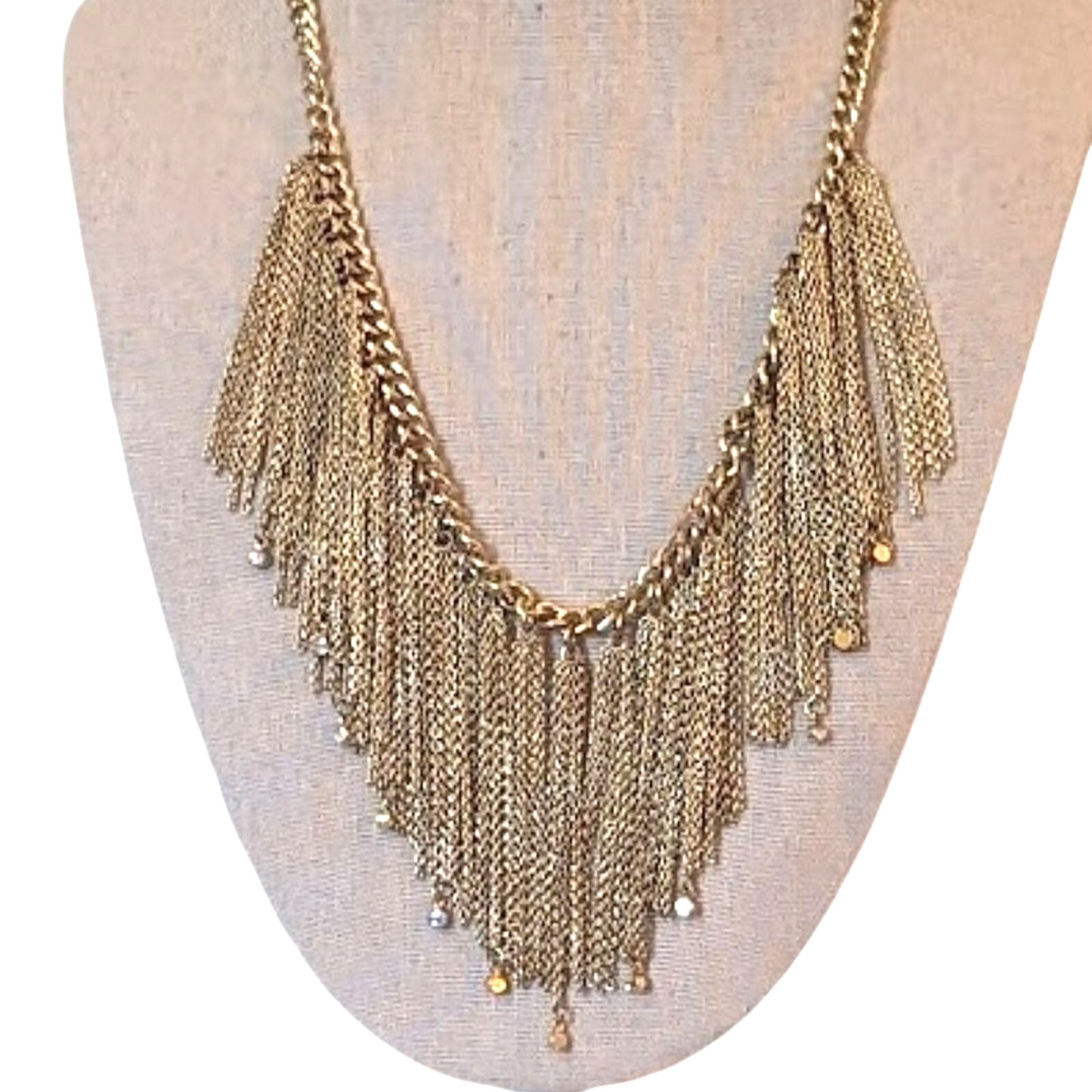 ABS Allen Schwartz Gold Tone Fringe Necklace with Rhinestone Dangles