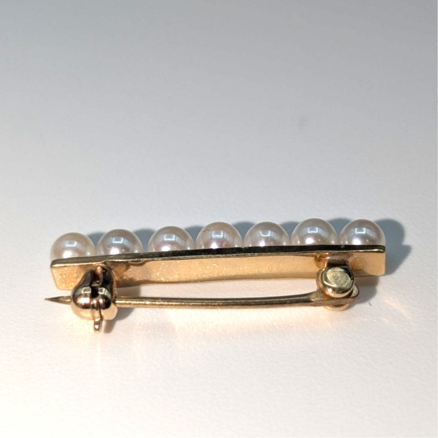 14k Gold Seven Genuine 3.43mm Pearl Bar Brooch 1.67g