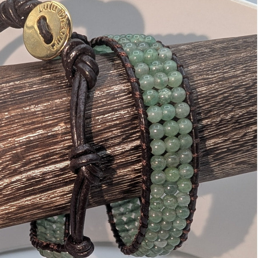 Lulu Dharma Three Row Green Semi-Precious Stone Bead Leather Wrap Bracelet