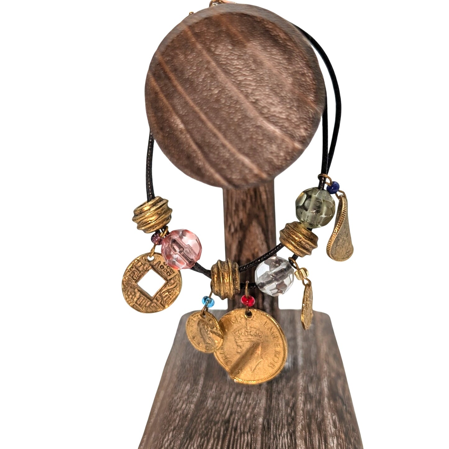 Gold Tone Coin & Bead Charm Corded 8" Bracelet
