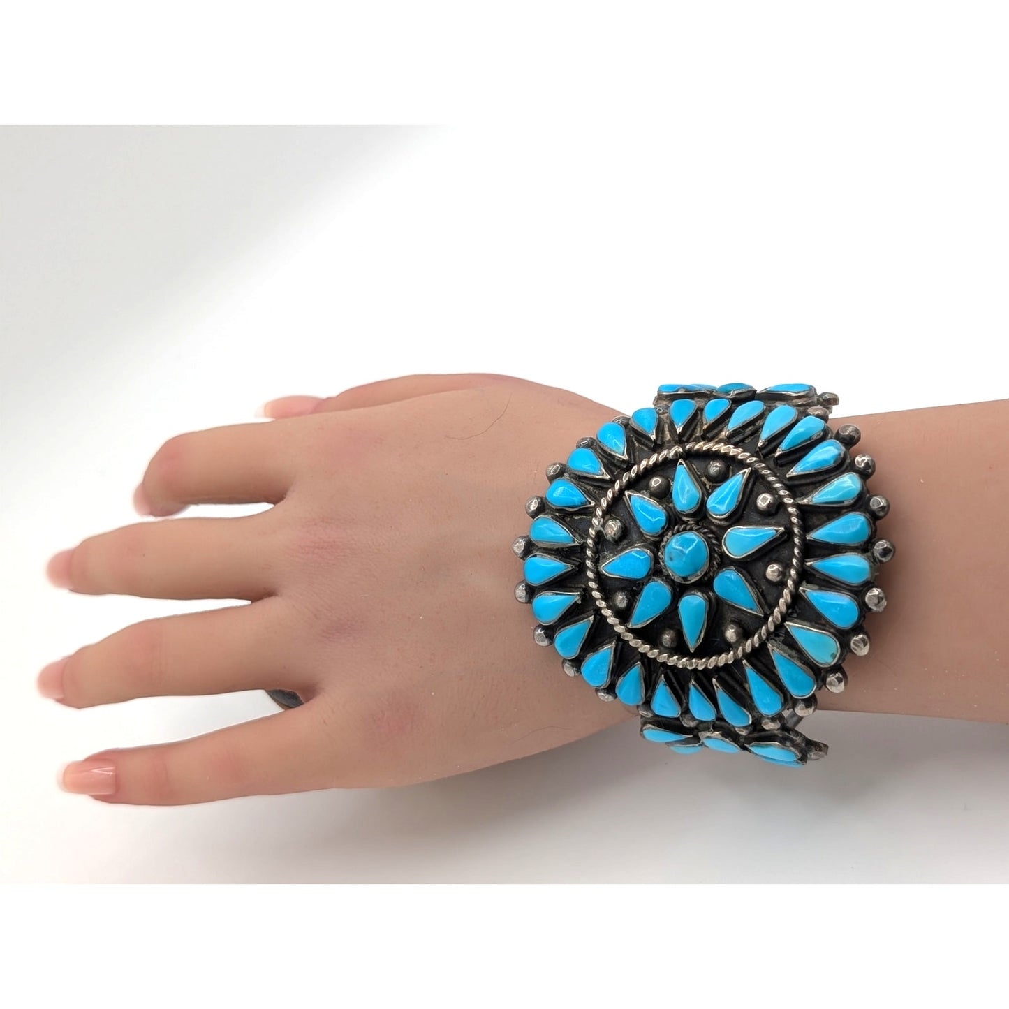 VTG Native ZUNI Sterling Silver TURQUOISE Flower Blossom Cuff Bracelet 92.34g