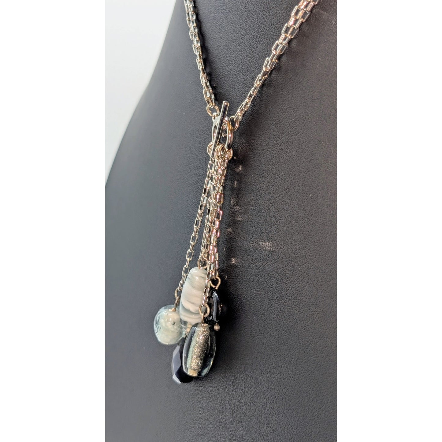 Silver Tone Double Square Link Chain Front Toggle Glass Bead Tassel 17" Necklace