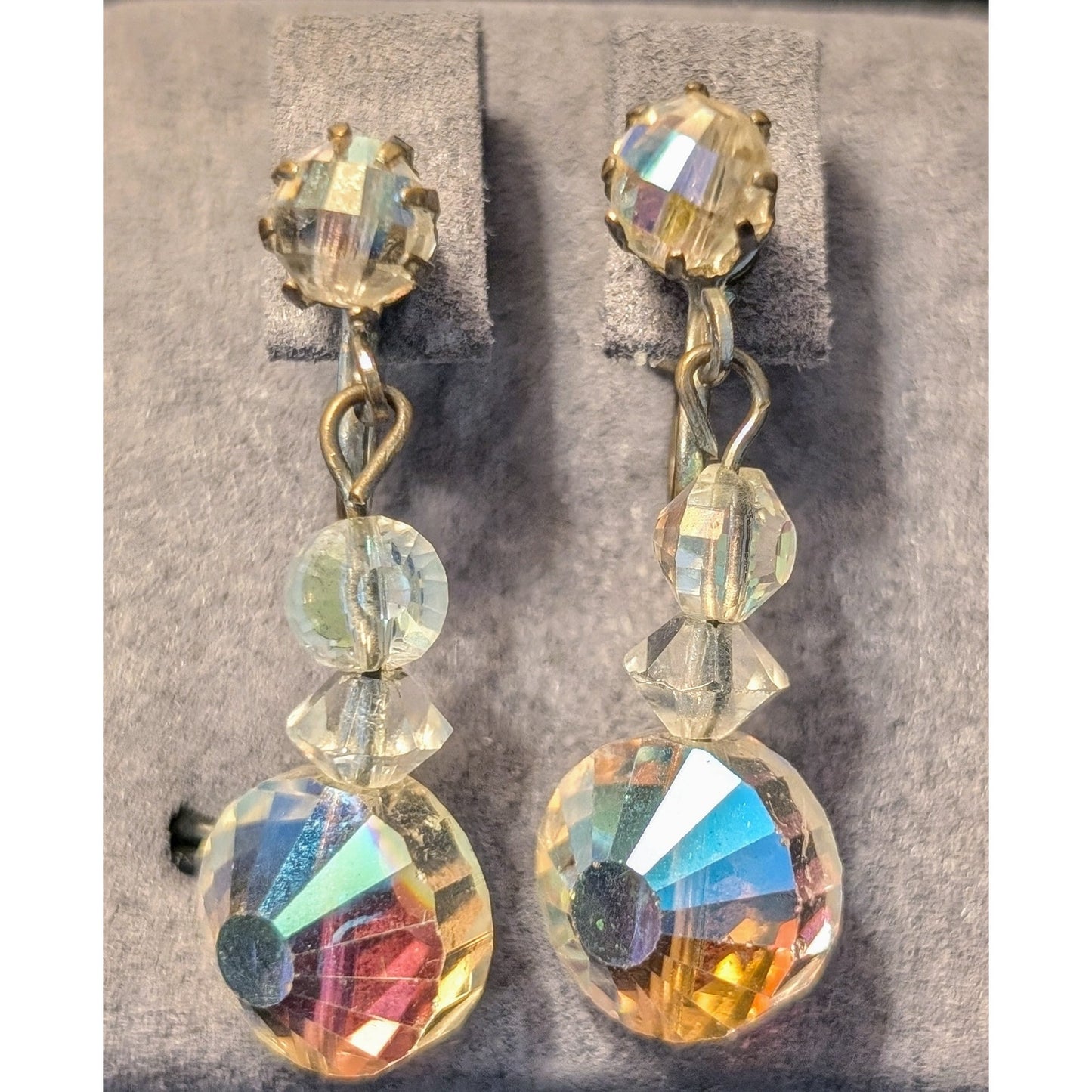 Unique Vintage Aurora Borealis AB Crystal Dangle Screw Back Earrings