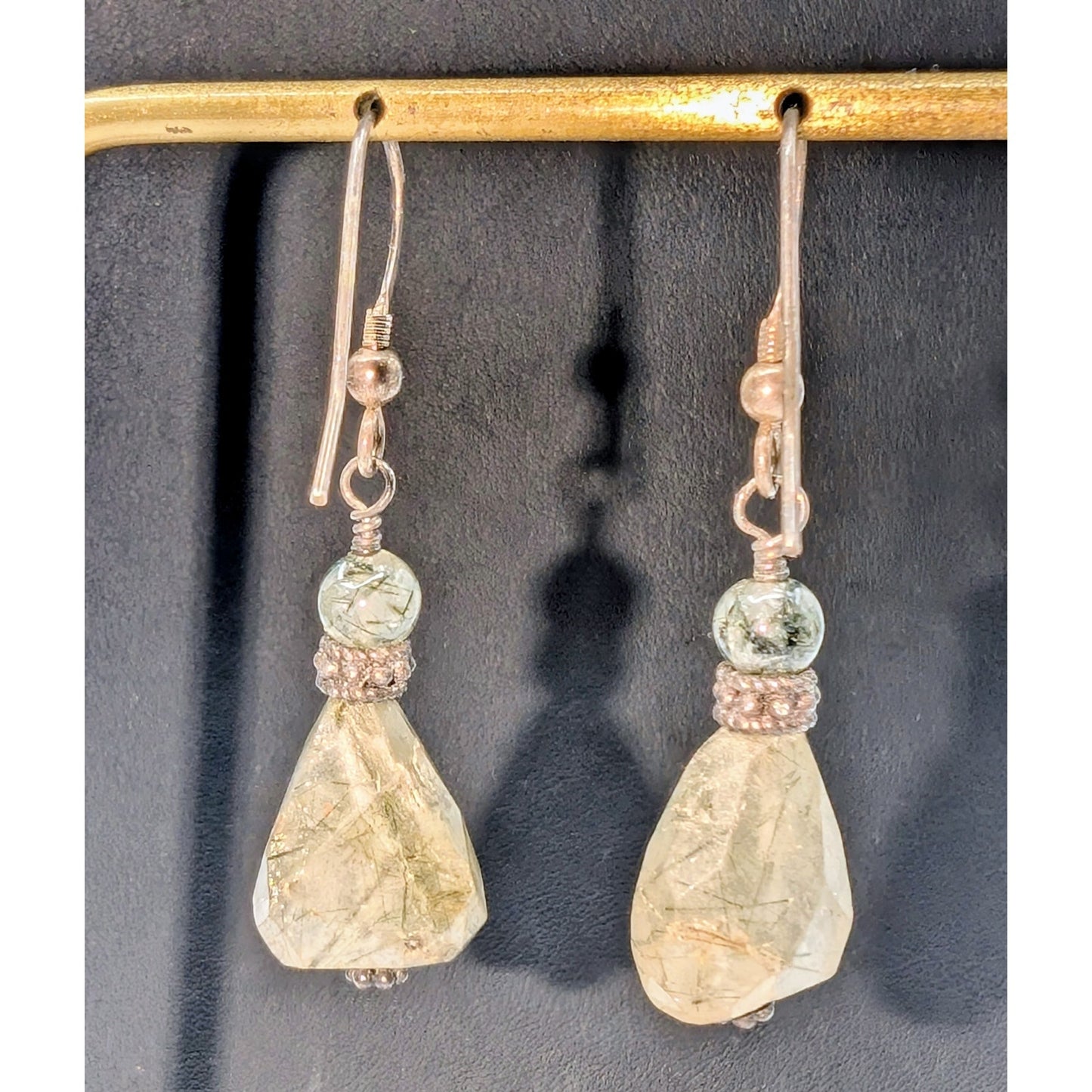 Vintage 925 Sterling Silver Ruff Cut Smoky Rutilated Quartz Dangle Earrings