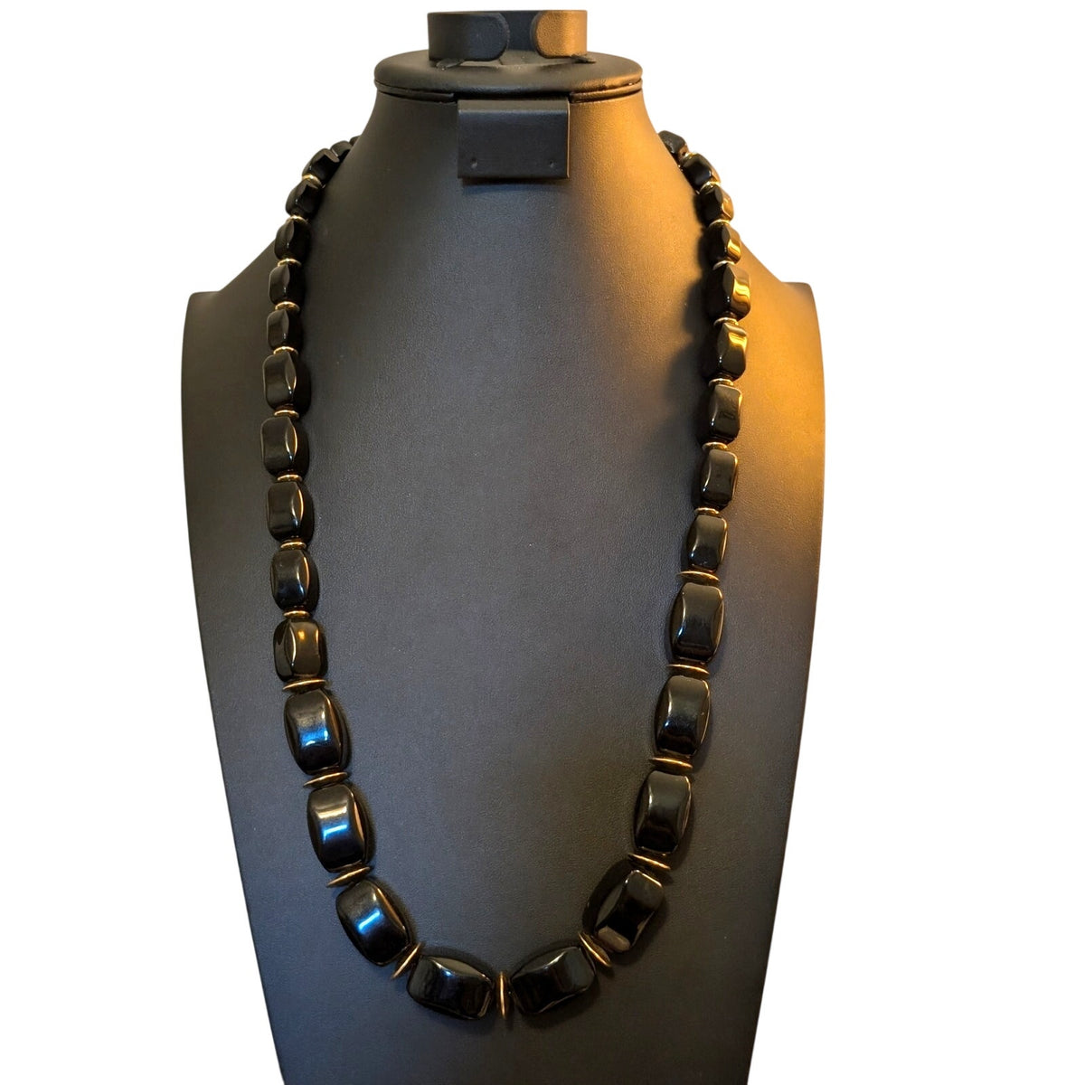 Vintage Signed Napier Long Black Bead W/ Gold Tone Disk Bead 31" Necklace