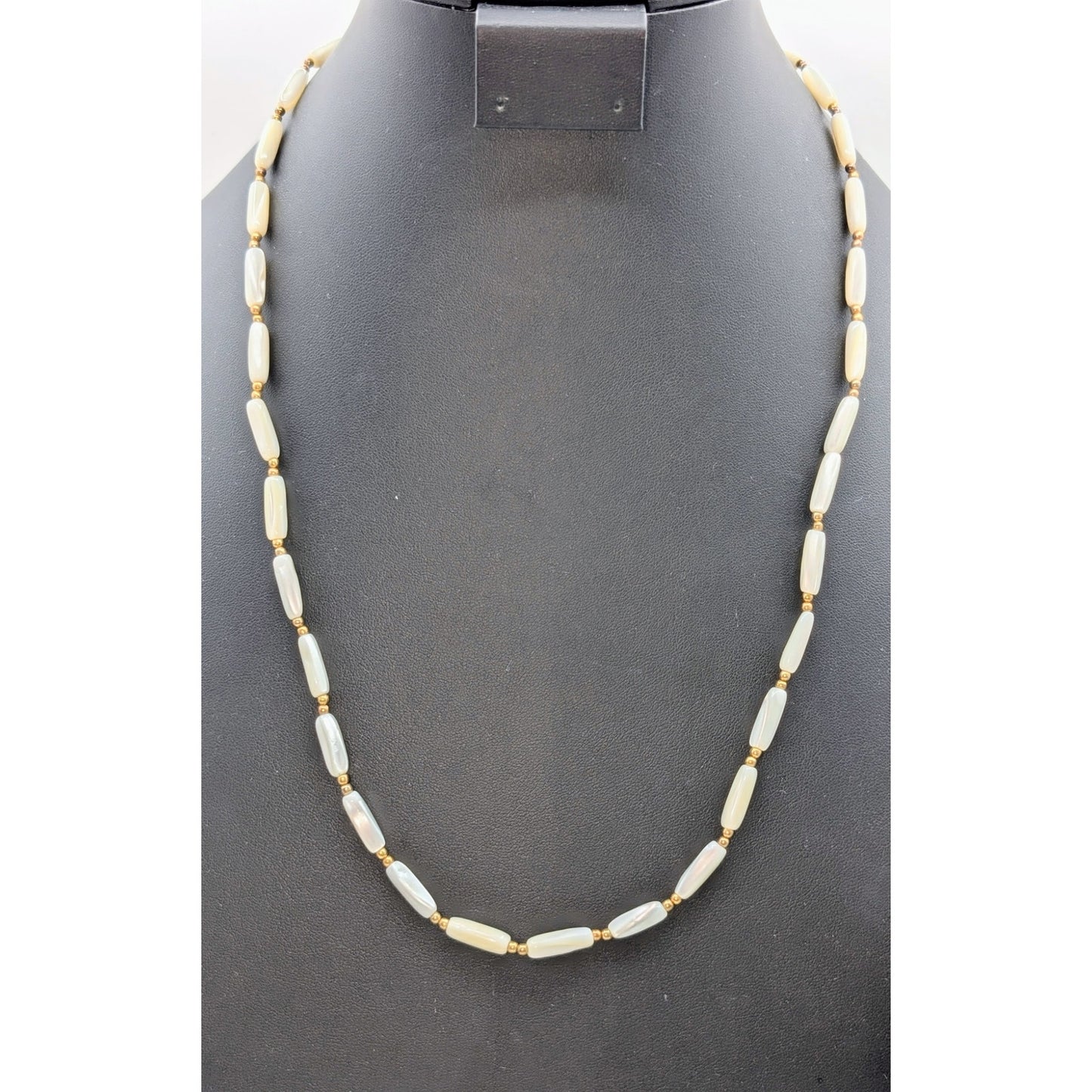 Vintage Elongated MOP & Gold Tone Bead 25" Necklace W/ Hook Slide in Clasp