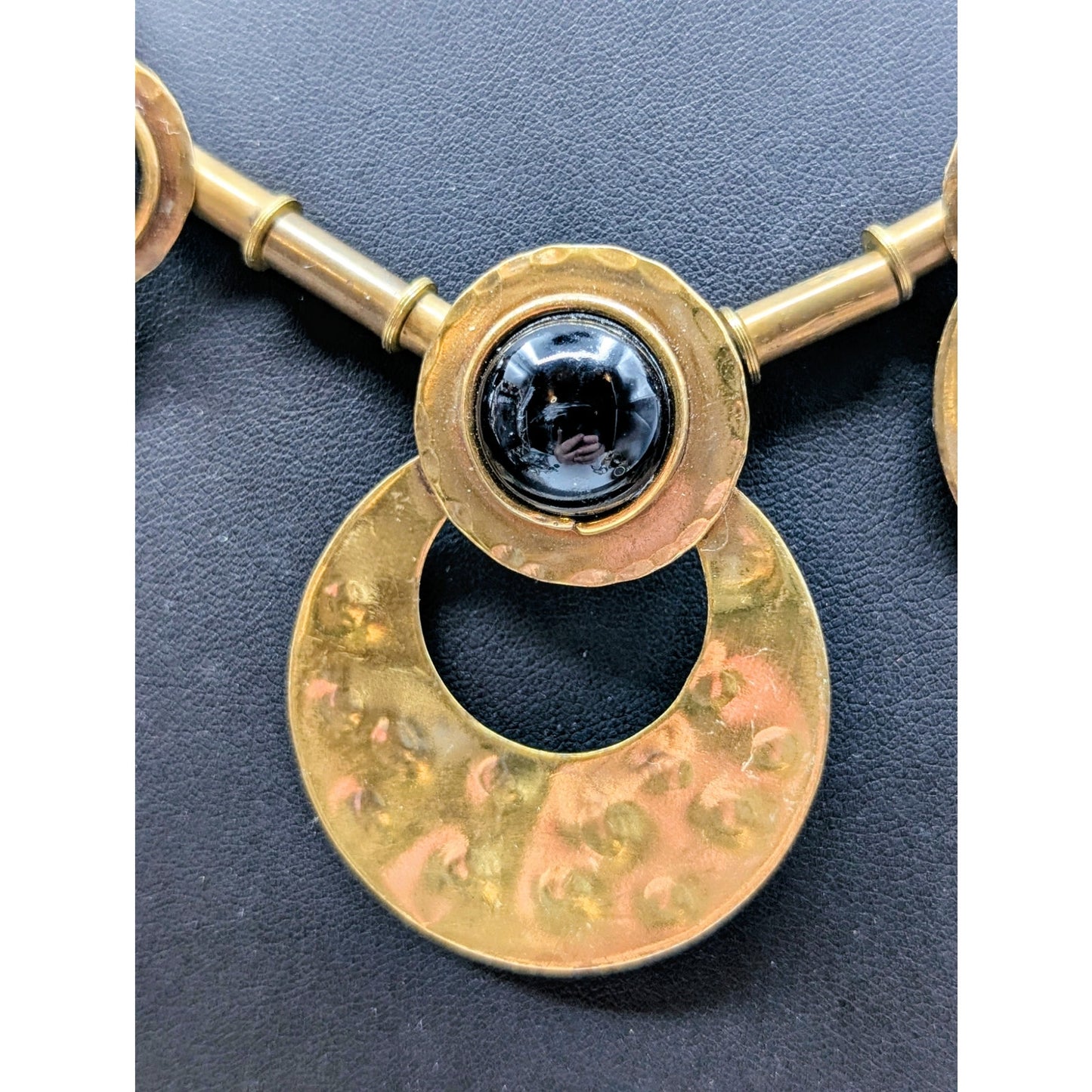 Vintage Brass Open Circles Black Cabochon Tribal Statement Necklace
