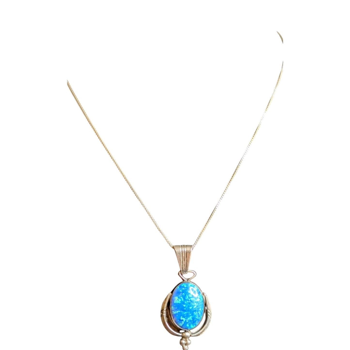 VTG Running Bear- Navajo Sterling Silver Blue Opal Pendant with Box Chain