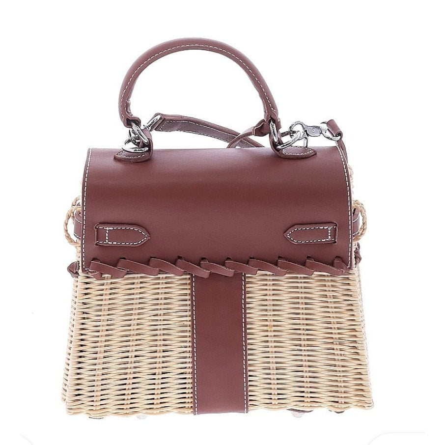 Handcrafted Rattan Genuine Leather Silver Hardware Handbag W/ Lock & Key