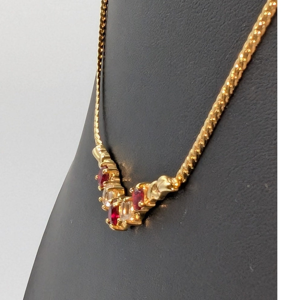 Vintage Center 'V' Red & Clear Glass Stone Gold Tone Chain 16"-18" Necklace