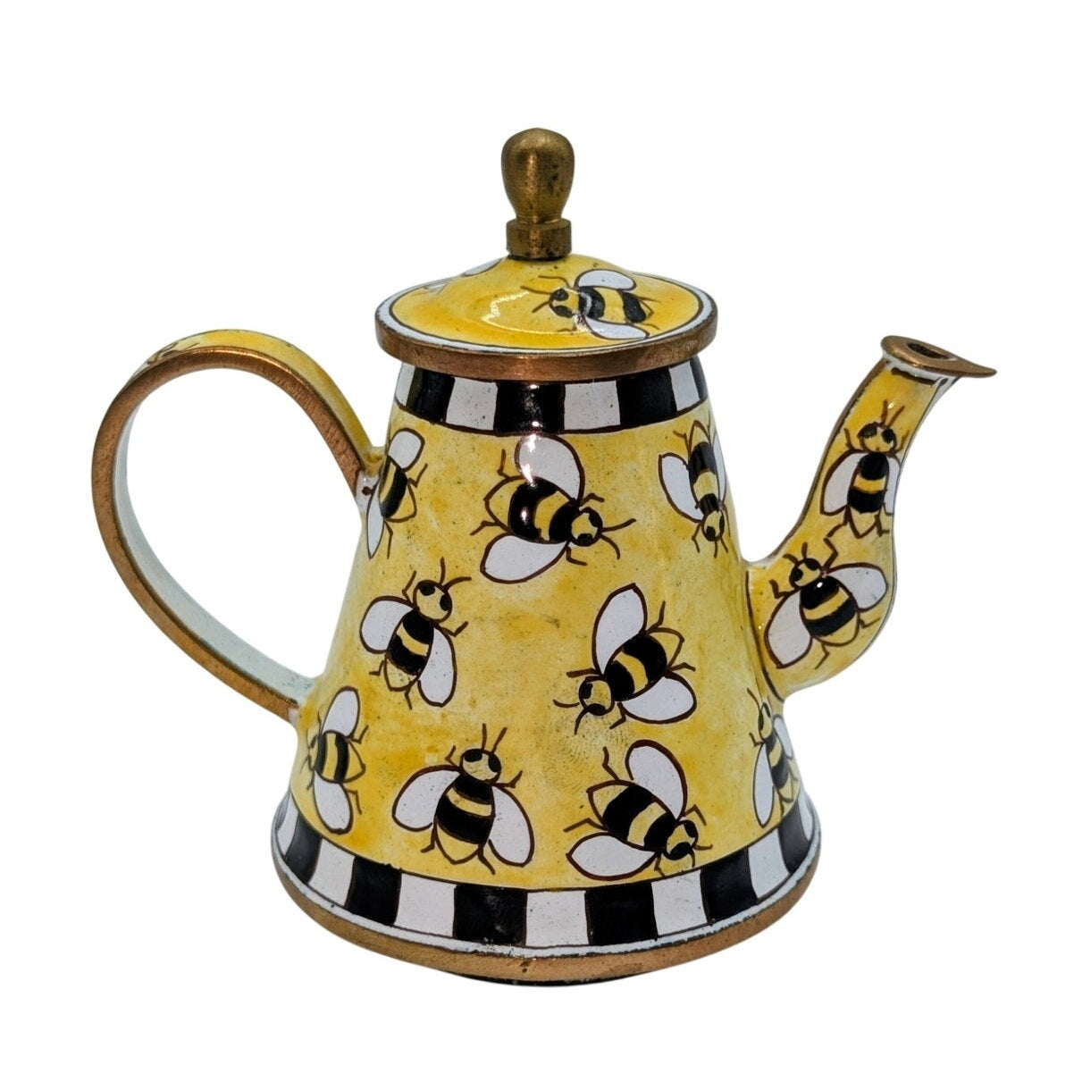Vtg Miniature 3.5" Enameled Hand Painted Bumble Bee Brass Collectible Teapot