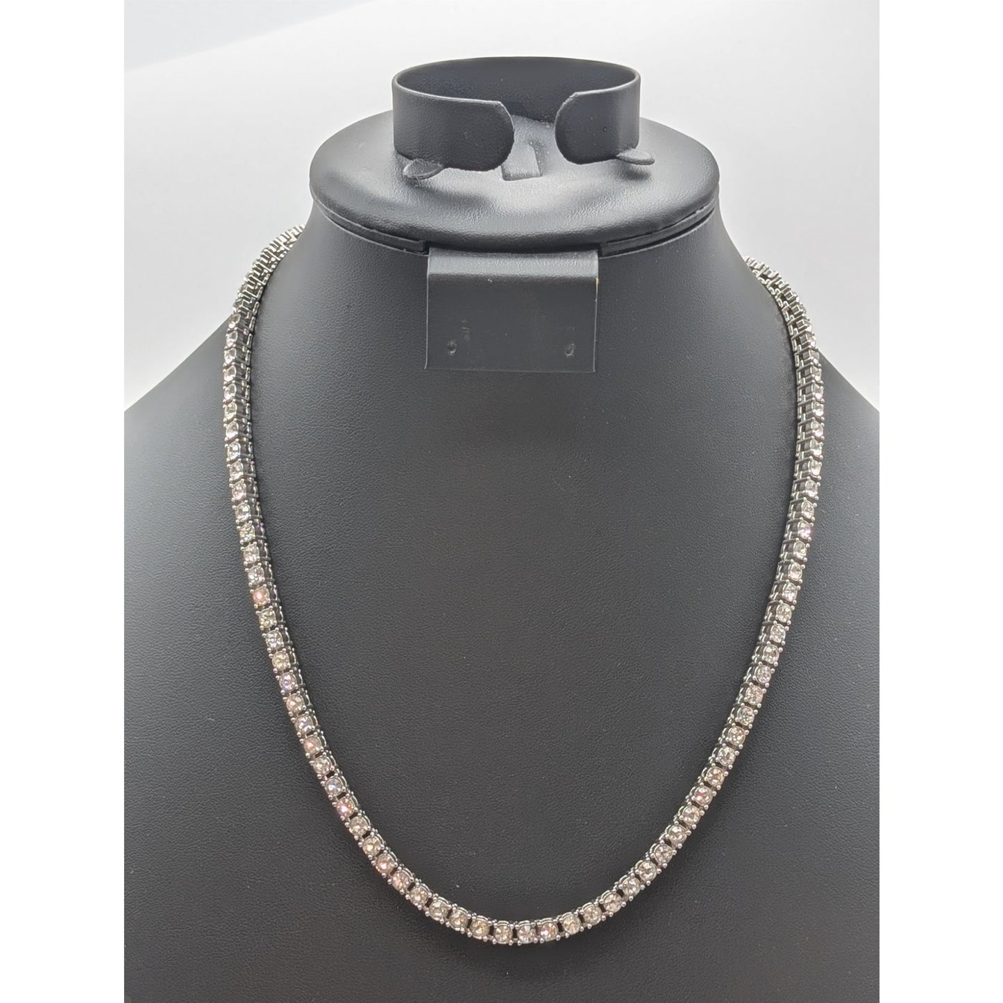 Vintage Silver Tone Rhinestone Tennis 20.5" Necklace W/ Fold Over Clasp