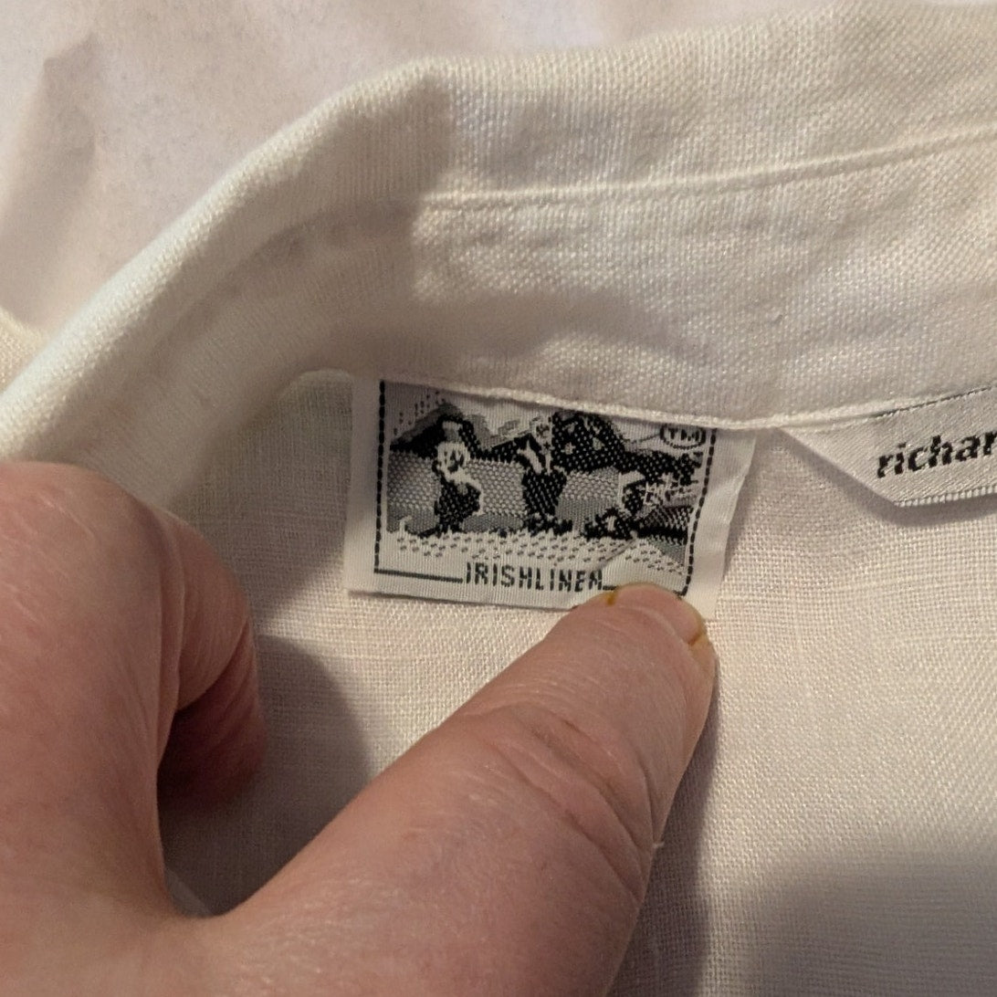 Vtg Richard Malcolm Irish Linen Ecru Embroidered Flowers Button Front Shirt Sz M