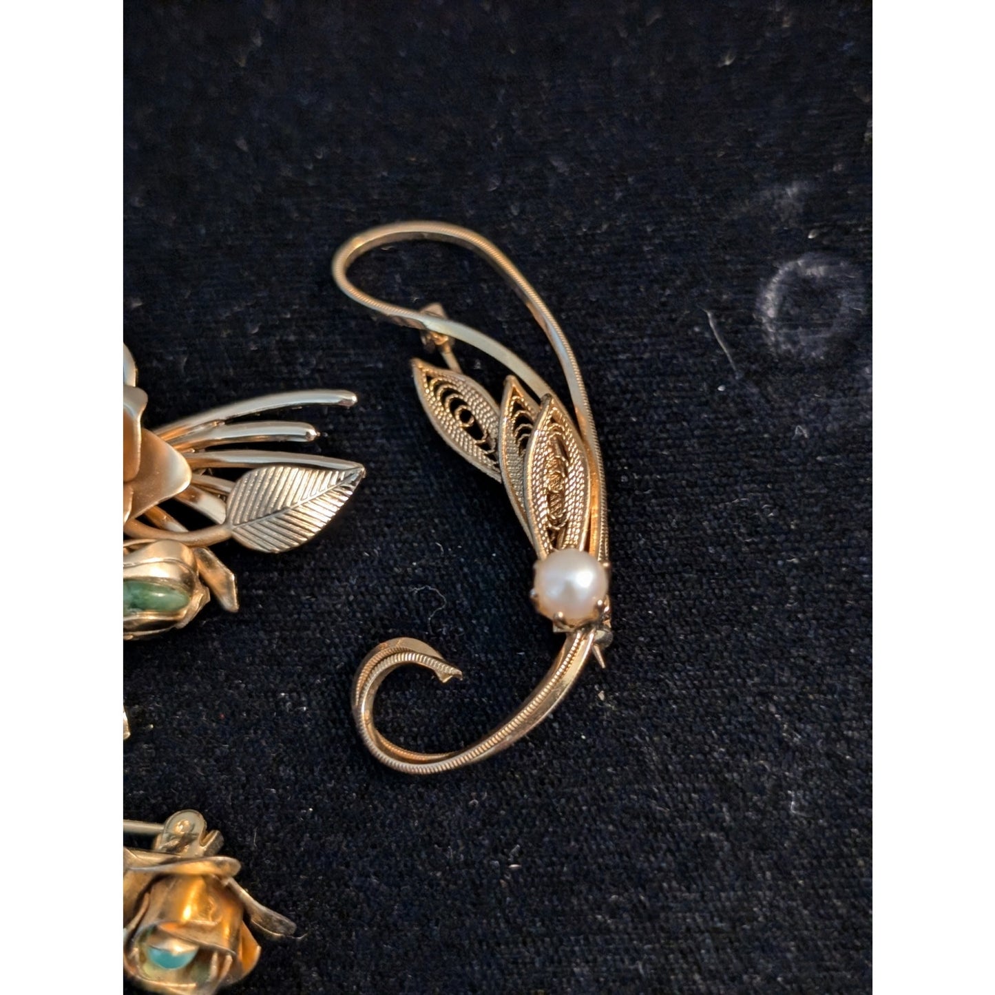 Lot of Six Vintage Gold Tone Rose Filigree Leaf Collage of Brooches