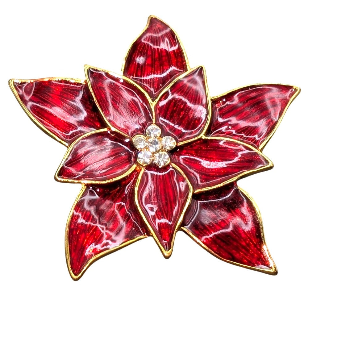 VTG Signed EISENBERG ICE Ice Red Enamel Crystal Poinsettia Flower 2" Brooch