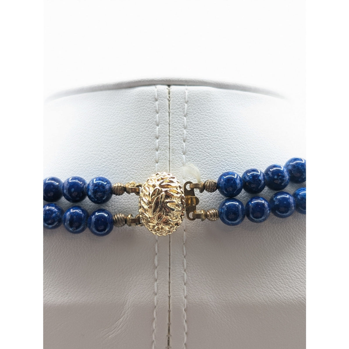 Vintage Double Strand 6mm Lapis Lazuli Beaded Gold Tone Slide In Clasp Necklace
