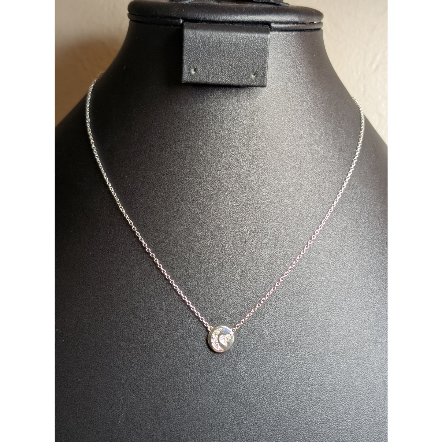 NWT Fine Silver Plated Heart Moon CZ Disc Chain Necklace