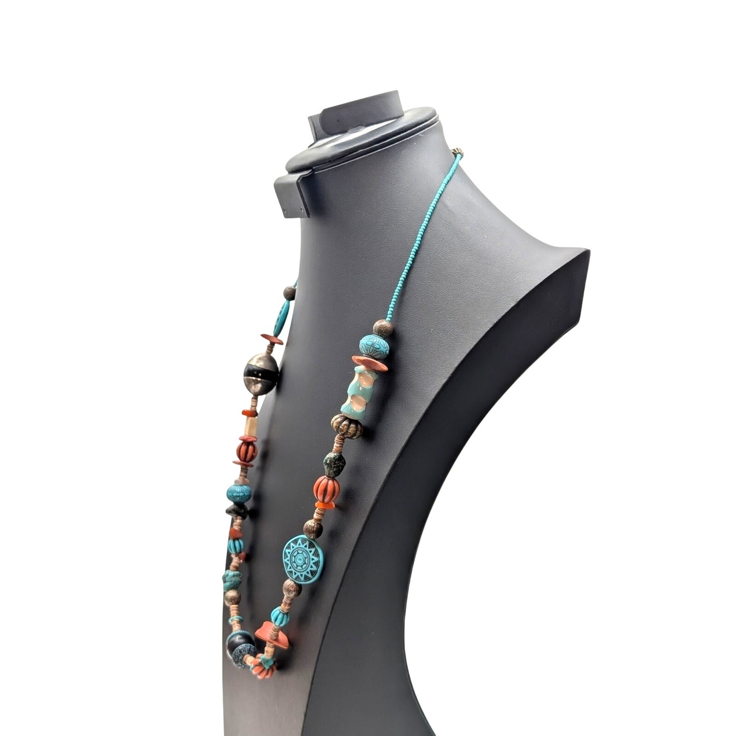 Vtg Southwestern Multi-Shape & Heishi Bead Turquoise Terra Cotta Color Necklace