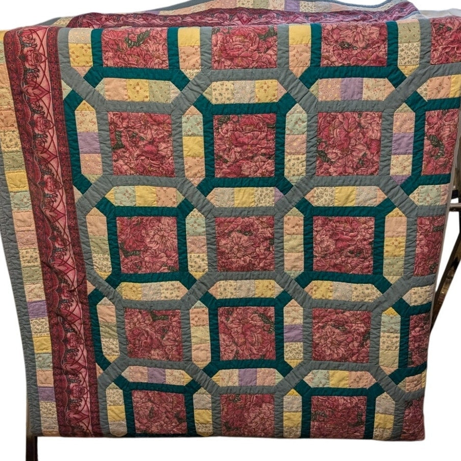 Vintage 84" X 102" Teal Blue & Mauve Cotton Hand Stitched Quilt