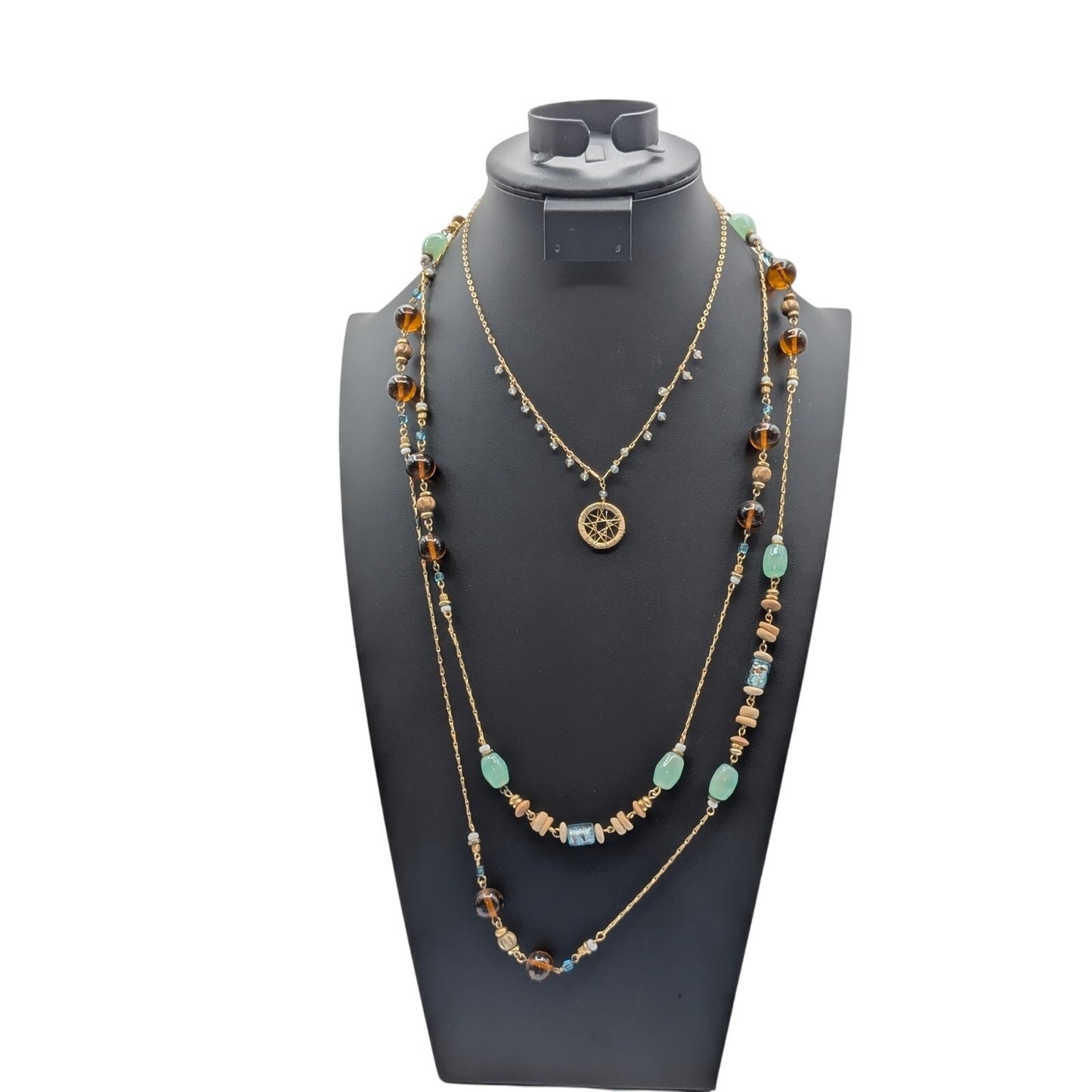 Lot of Two Vintage Boho Glass Beaded Gold Tone Necklaces